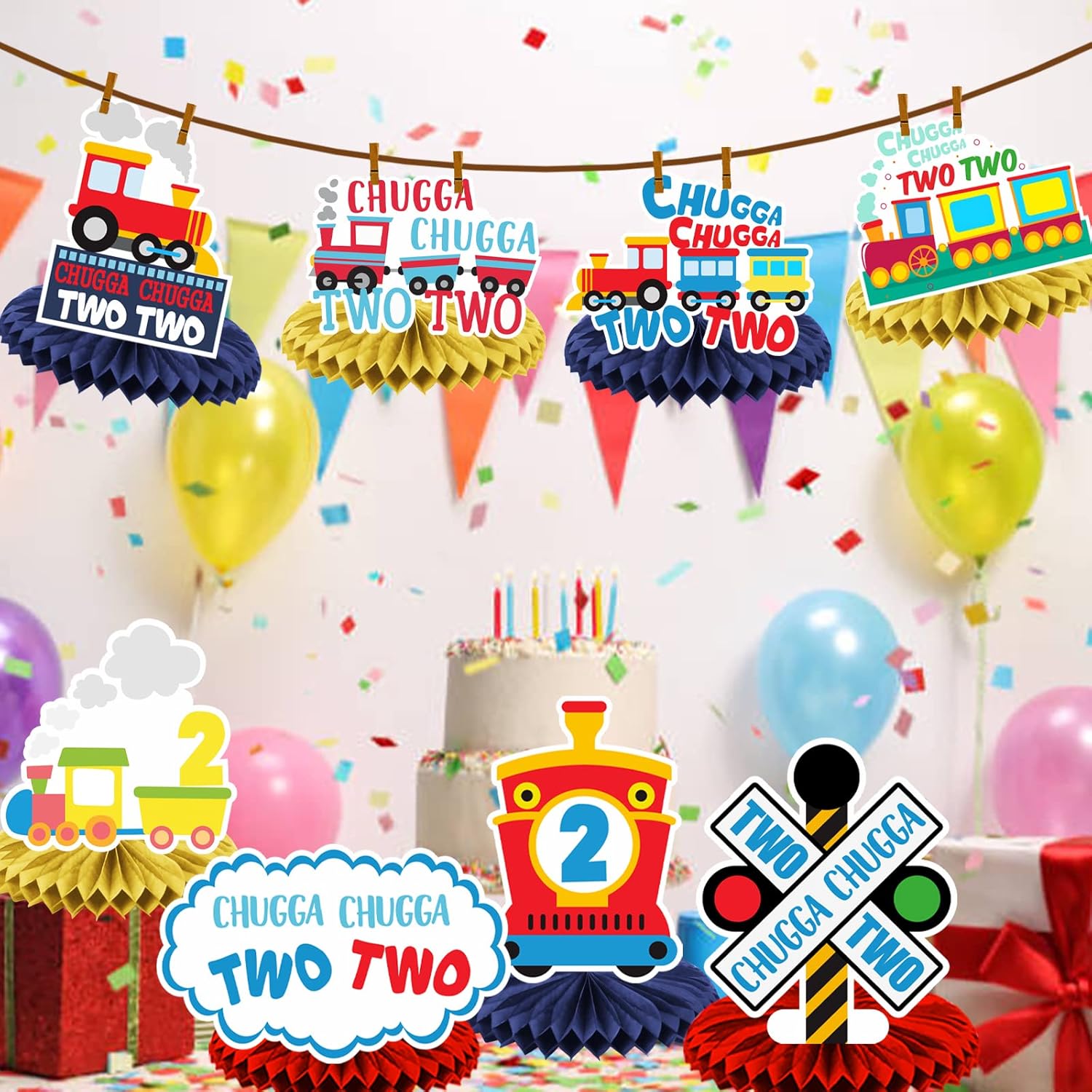 Steam Train Honeycomb Centerpieces Railroad Railway Crossing Transportation Rhyming Story Theme Decor for Boys Girls High Chair 1st Birthday Party Baby Shower Supplies Decorations Photo Booth Props