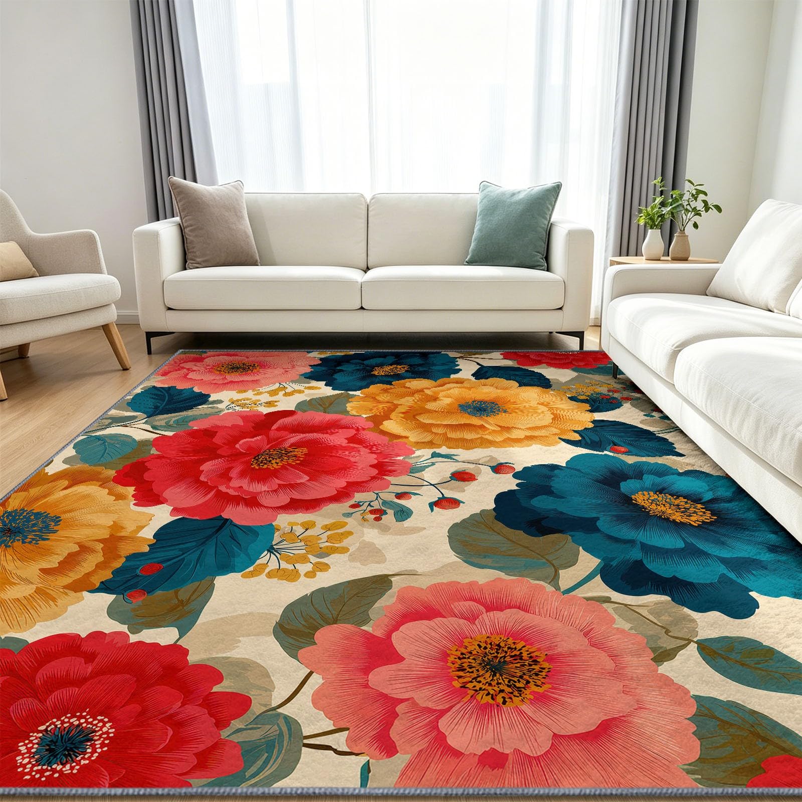 Tappeto rustico per soggiorno lavabile, 200 x 300 cm, grande tappeto a pelo basso bohémien floreale bohémien, antiscivolo, super morbido, per camera da letto, sala da pranzo, corridoio, salotto
