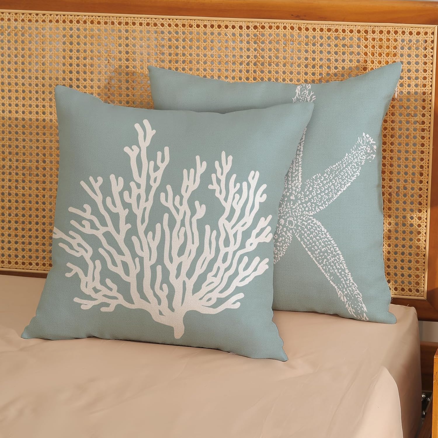 Coastal Pillow Covers 16x16 Inch Set of 2 Blue Coral Starfish Throw Pillows Nautical Ocean Decorations Summer Linen Beach Pillowcase Outdoor Decor Farmhouse Cushion Case for Home Living Room - Image 2