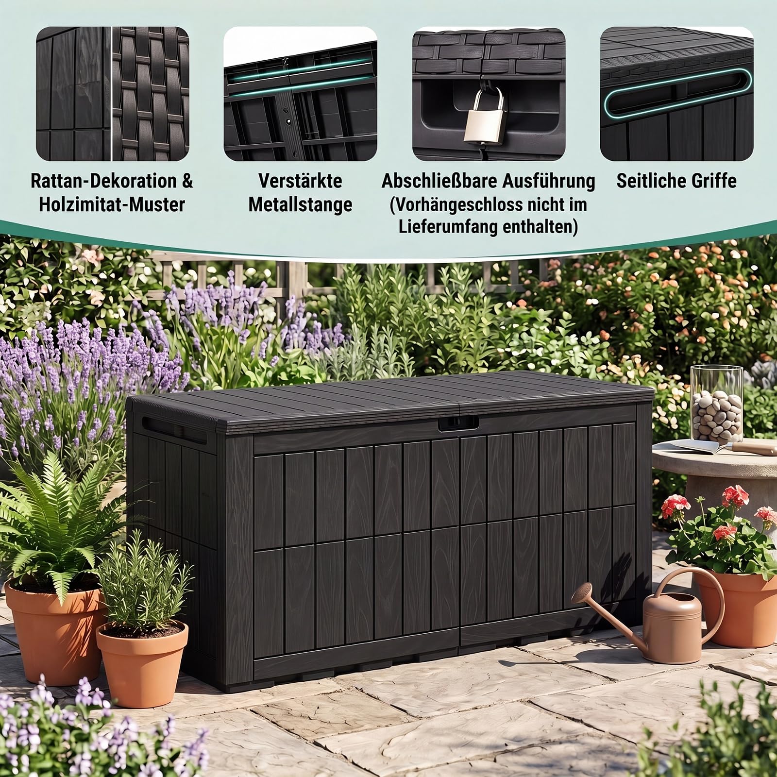 GYMAX 455 L wetterfeste Auflagenbox, abschließbare Aufbewahrungsbox mit Deckel, Gasdruckfedern & Griffen, 2-in-1 Terrassenbank und Kissenbox für Kissen, Gartenwerkzeug & Poolzubehör