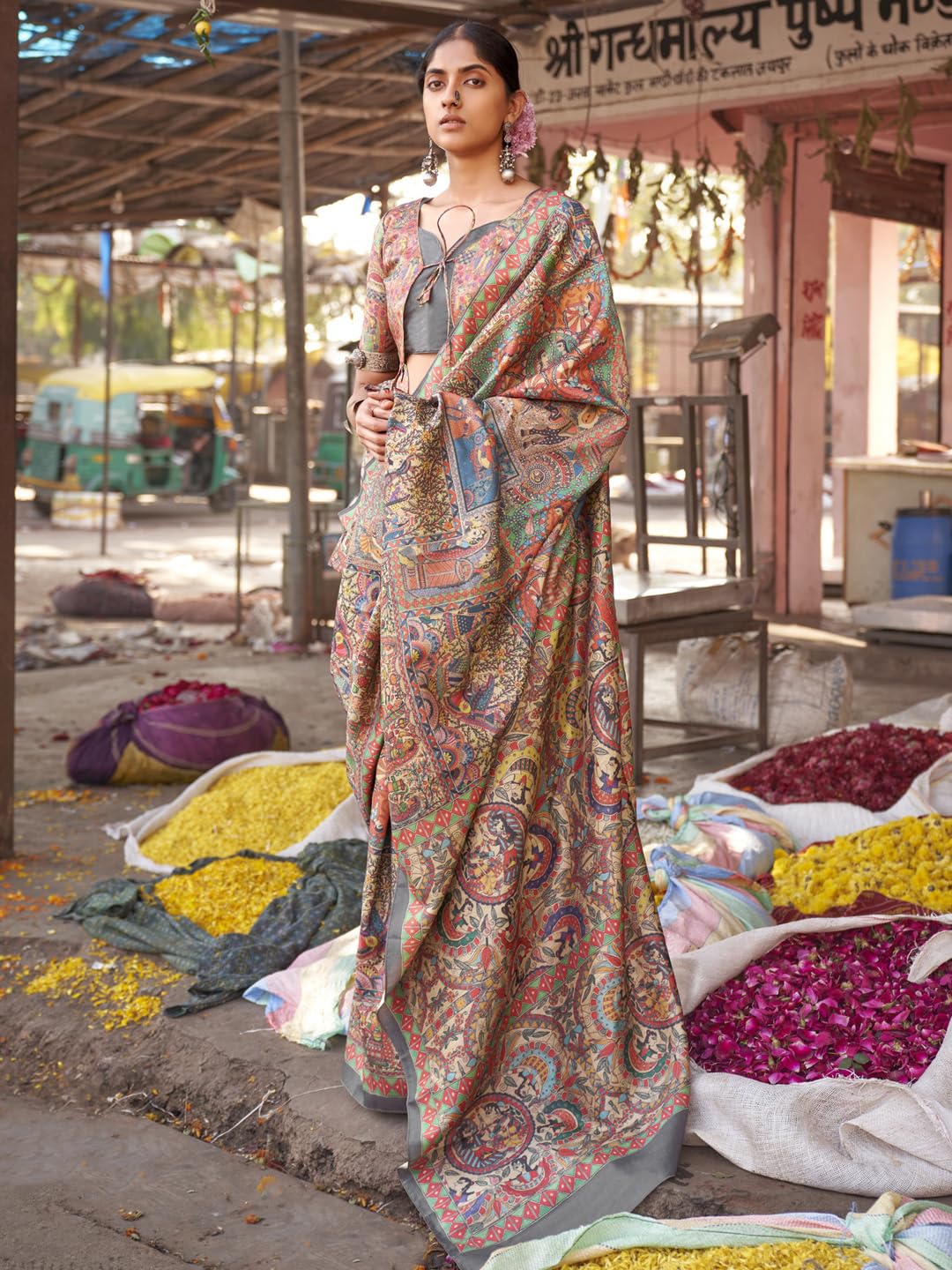 SAREE MALL Women's Banarasi Silk Madhubani Printed Saree With Unstitched Blouse Piece(Beige_PUSHPMNDI103_RS)