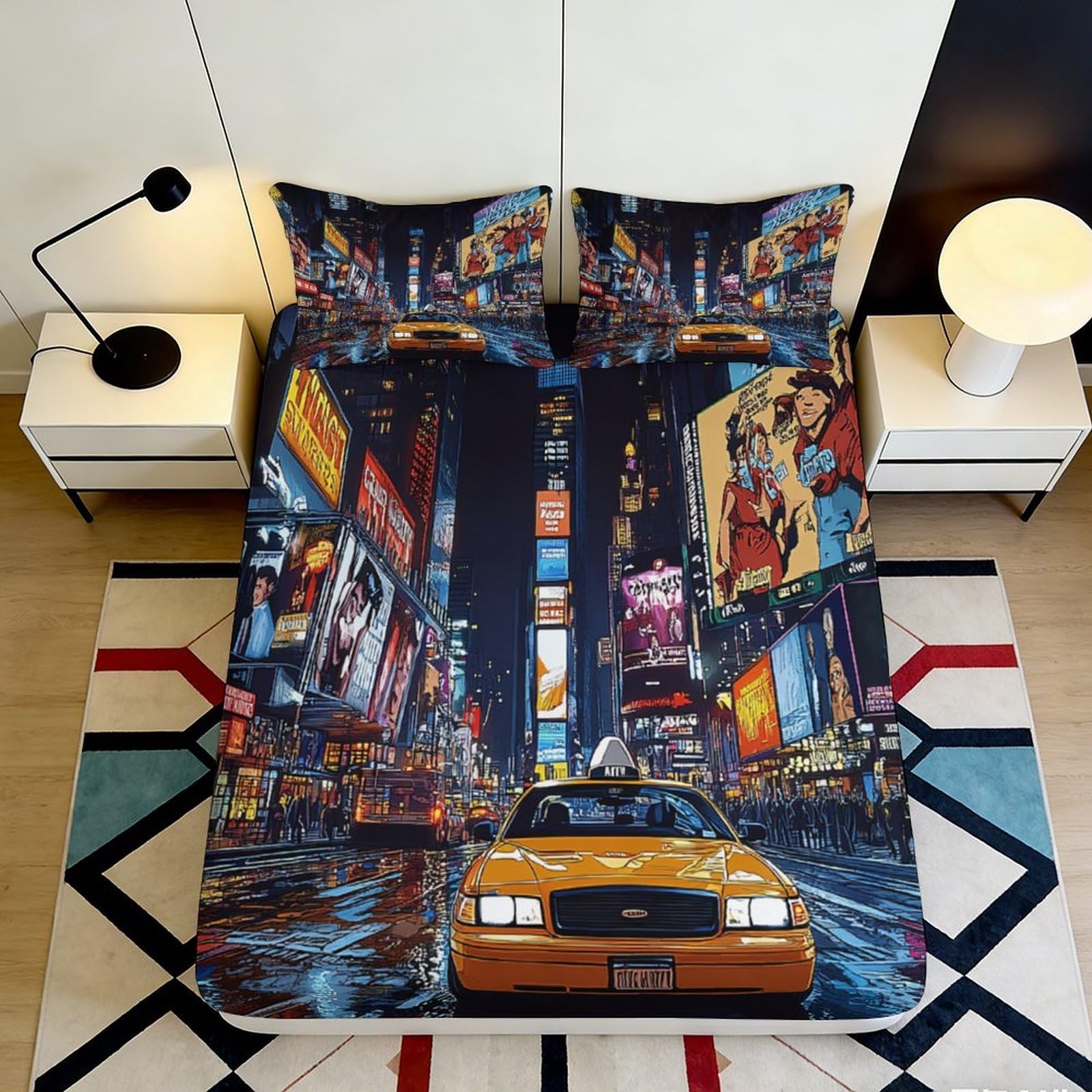 3D Printed City Night Fitted Sheet Microfiber Non-Slip Deep Pocket Urban Mattress Fitted Cover for Bedroom 200x200x25cm