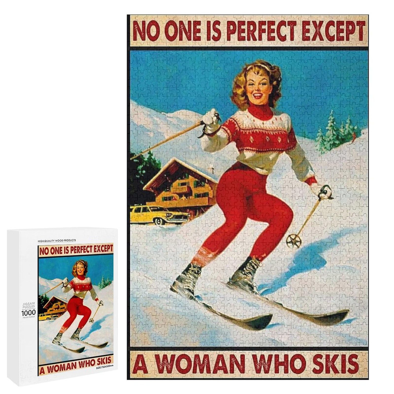 Jigsaw Puzzles 1000 Pieces for Adults No One Is Perfect Expect Woman Skis Wooden Puzzle - Puzzles for Youth Home Decor Funny Game Best Gift Preschool Toys