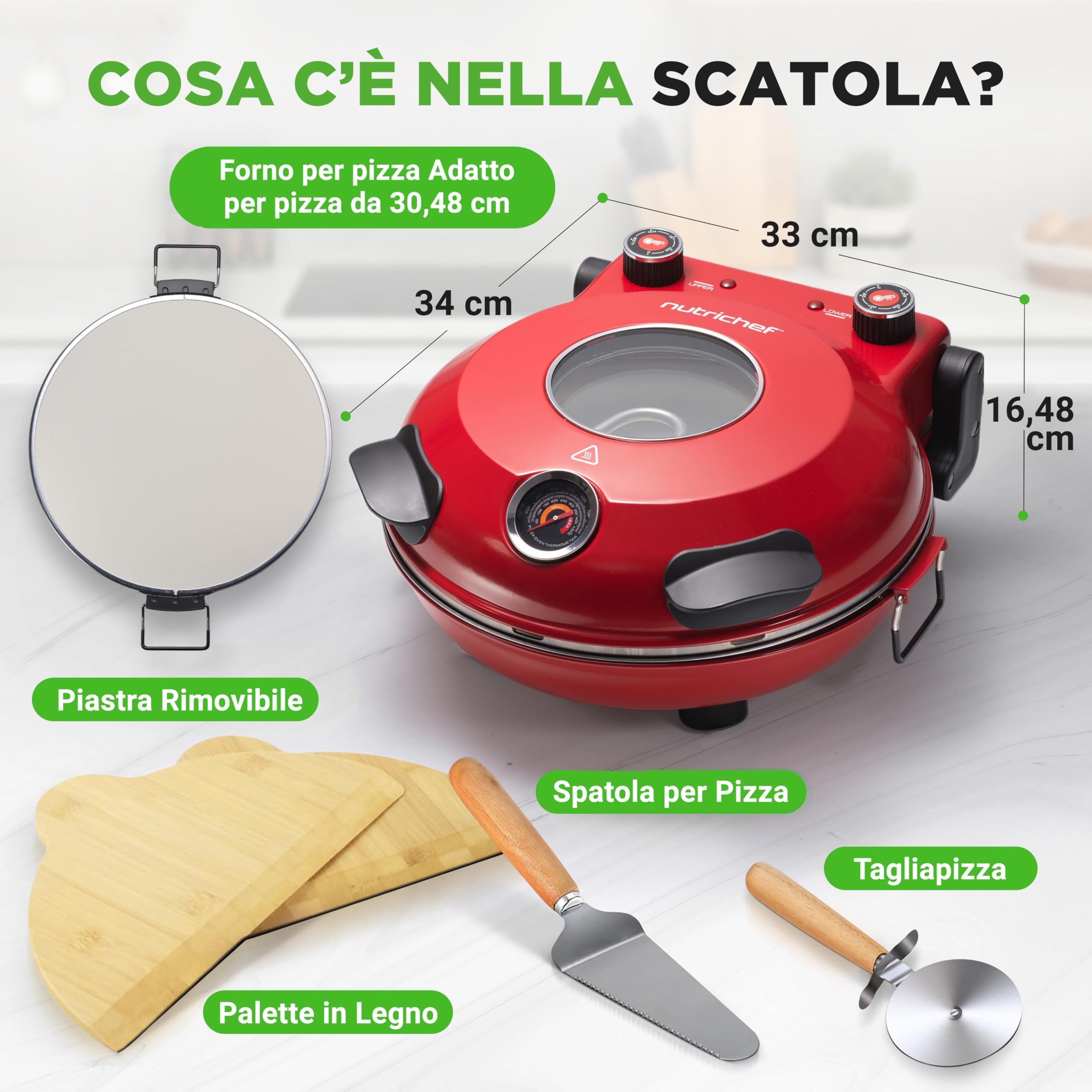 NutriChef Forno Pizza Elettrico 30 cm con Termometro e Controllo Temperatura, Pietra Antiaderente Fino a 427 °C, per Pizza Fatta in Casa Croccante e Surgelata, per Pizzaiolo e Pizzeria, Rosso