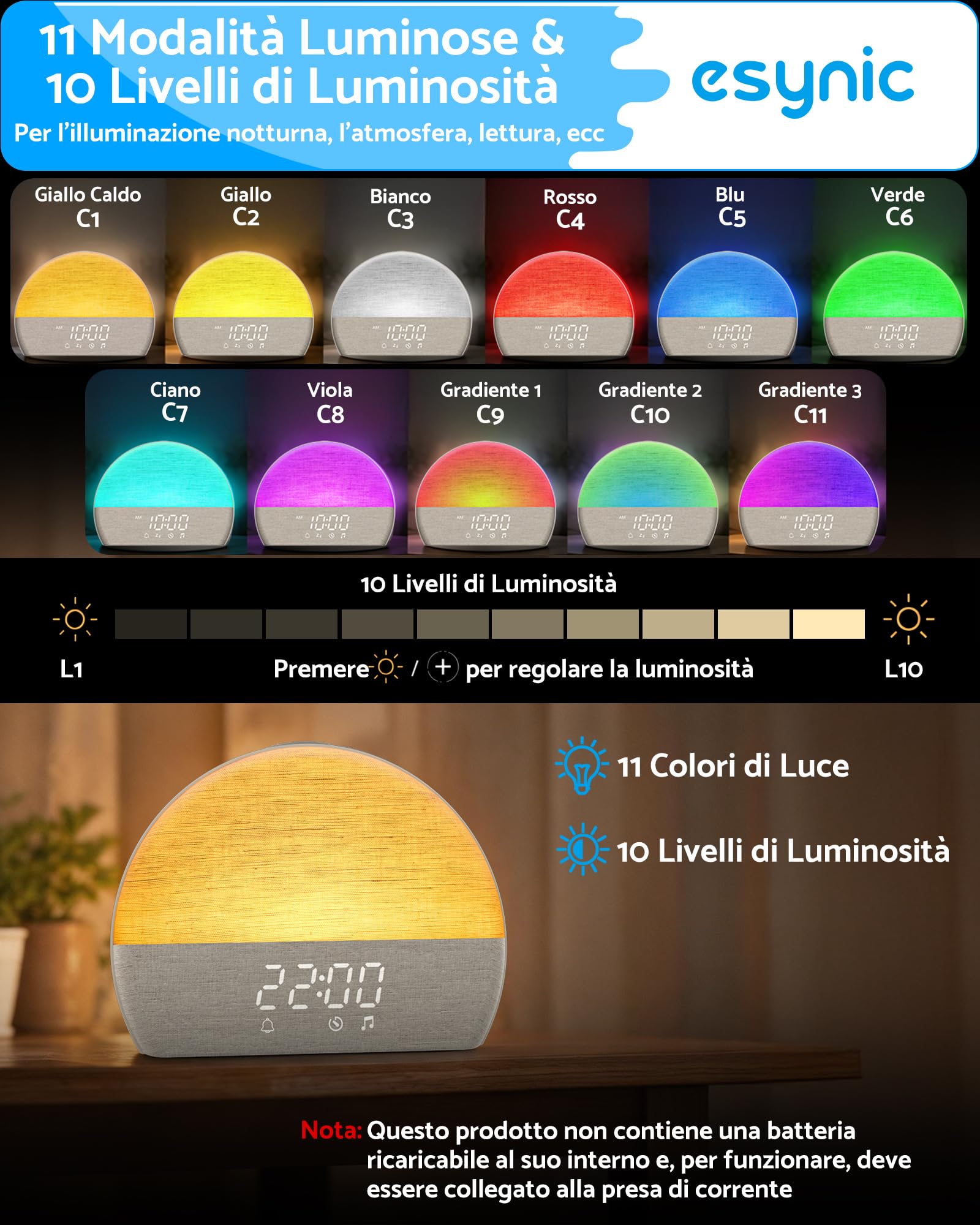 eSynic 2 in 1 Sveglia ad Alba con 30 Suoni Rilassanti – Display Dimmerabile, Luce Notturna e Volume Regolabili, Timer e Snooze, Design Semi-Circolare, Sunrise Alarm Clock da Comodino con Spina