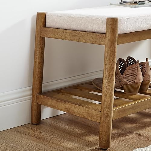 Miniatura 6 de Banco de almacenamiento para zapatos, estante de bambú para zapatos con asiento acolchado y compartimento organizador, banco tapizado para armario,