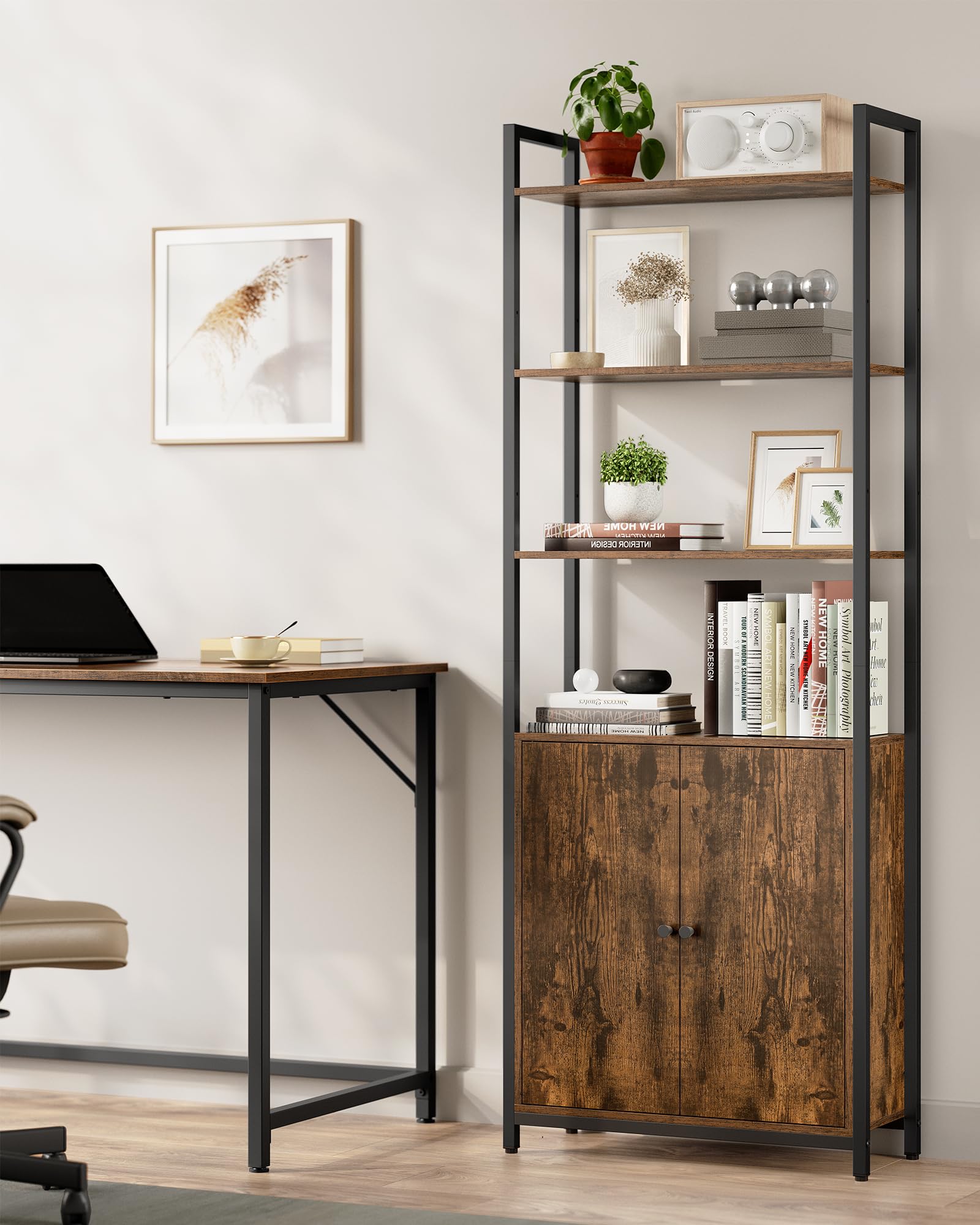 VASAGLE Bücherregal 6 Ebenen Standregal mit Türen Metallrahmen verstellbare Ablagen 24 x 60 x 159,5 cm vintagebraun-tintenschwarz