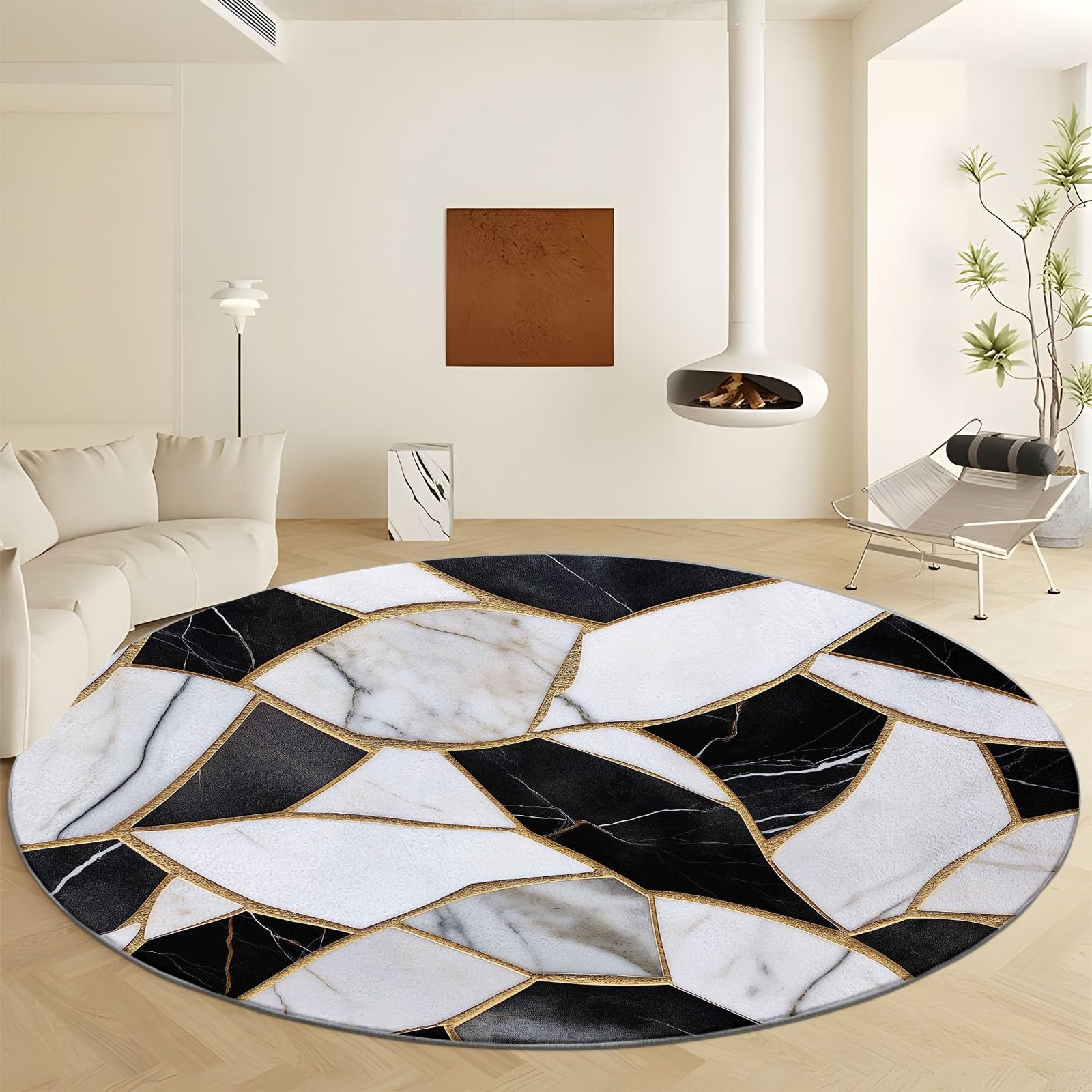 Round Rug 6ft Marble Gray Black Area Indoor Circle Rug Round Washable Rug, Floor Mat Print Non Slip Carpet Kitchen Living Room Dining Room Playroom
