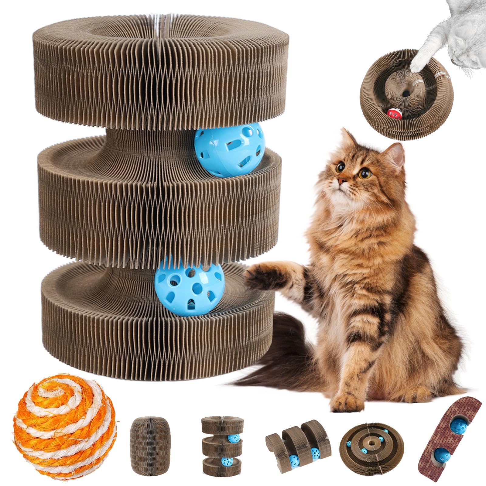 Kitten Curl, Kitten Curl Toy, Magical Kitten Curl Cardboard Cat Toy, Cat Accordion Toy, Indoor Interactive Scratch Pad with a Ball, Recyclable and Durable, Retractable, Reversible (Arch Bridge)