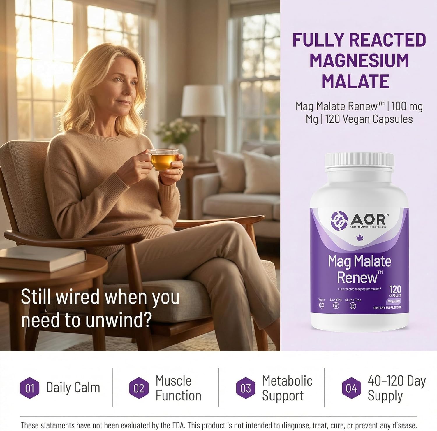 AOR Mag Malate Renew 120 Vegan Capsules, 40-120 Day Supply, Magnesium Malate with Malic Acid for Daily Wellness, Muscle Function & Relaxation Support