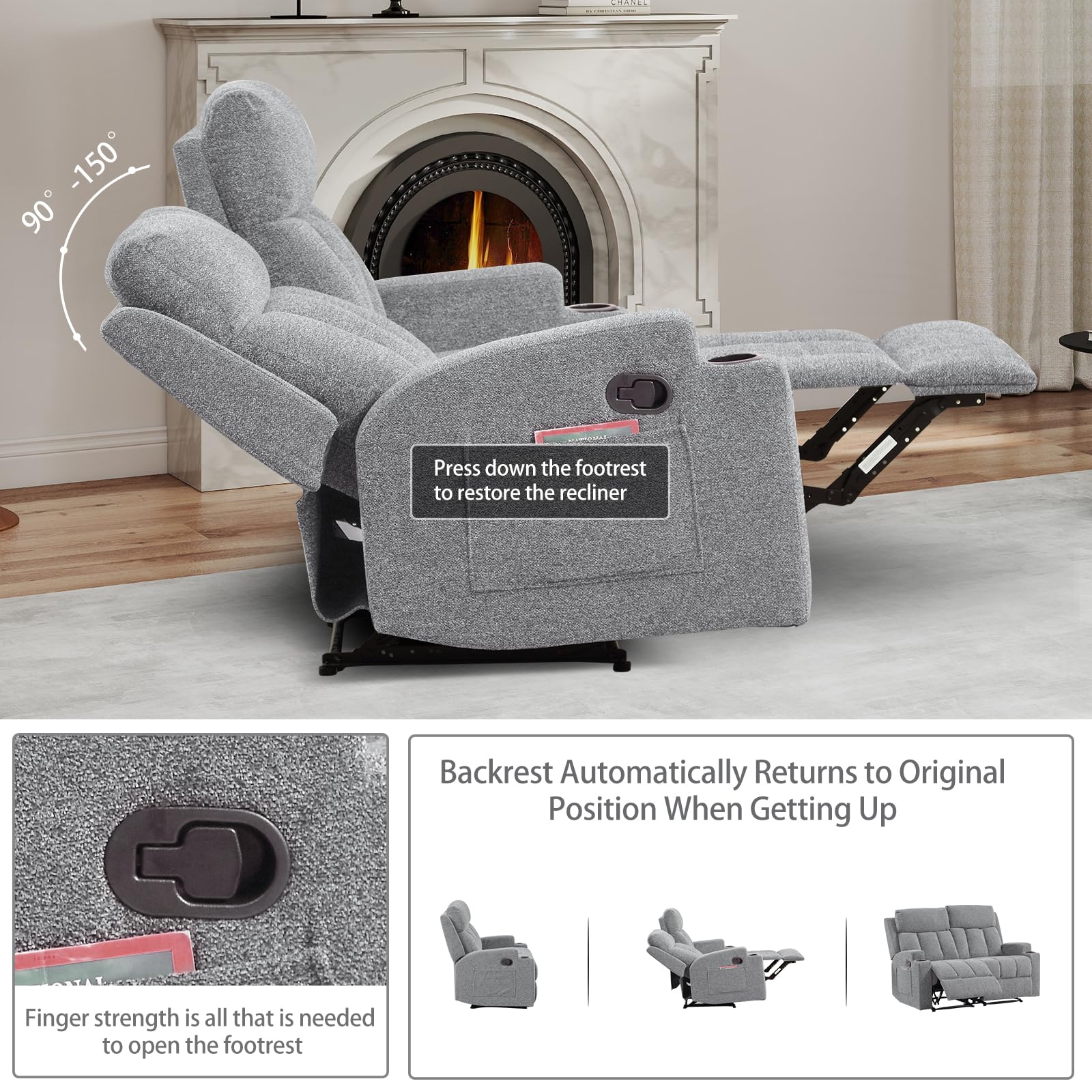 CANMOV Manual Recliner Sofa Set, Soft Fabric Reclining Loveseat with Side Pockets and Cup Holders, 2 Seat Reclining Couch for Living Room, Office, Light Grey view 5