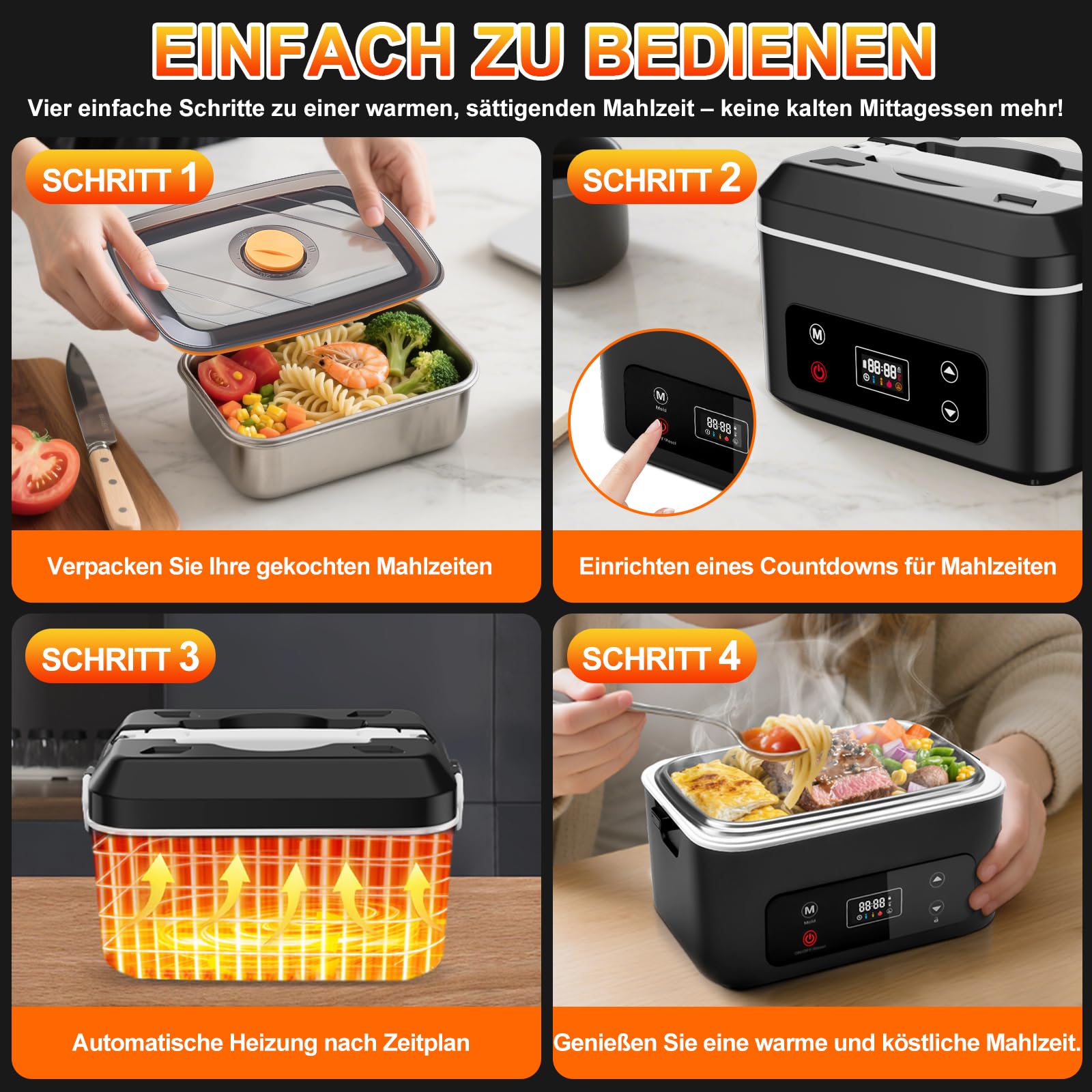 Elektrische lunchbox hermobehälter für Essen mit Akku – 24000 mAh,1,3 L beheizbare lunchbox,3D-Vollflächenerwärmung & Temperaturkontrolle –lunchbox elektrisch Ideal für LKW,Büro und Reisen (schwarz)