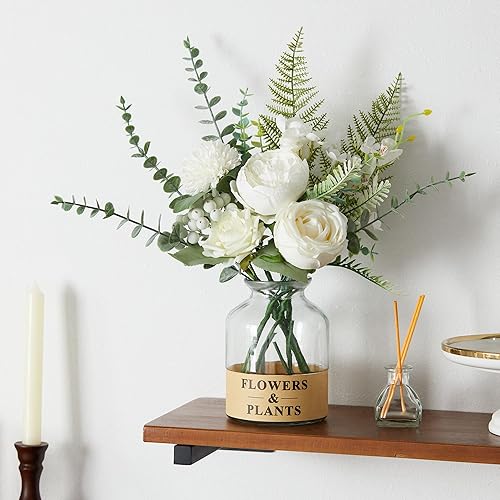 Miniatura 7 de Anna's Whimsy Flores artificiales con jarrón, rosas blancas, peonías de seda en jarrón, centros de mesa de imitación florales para arreglos de mesa