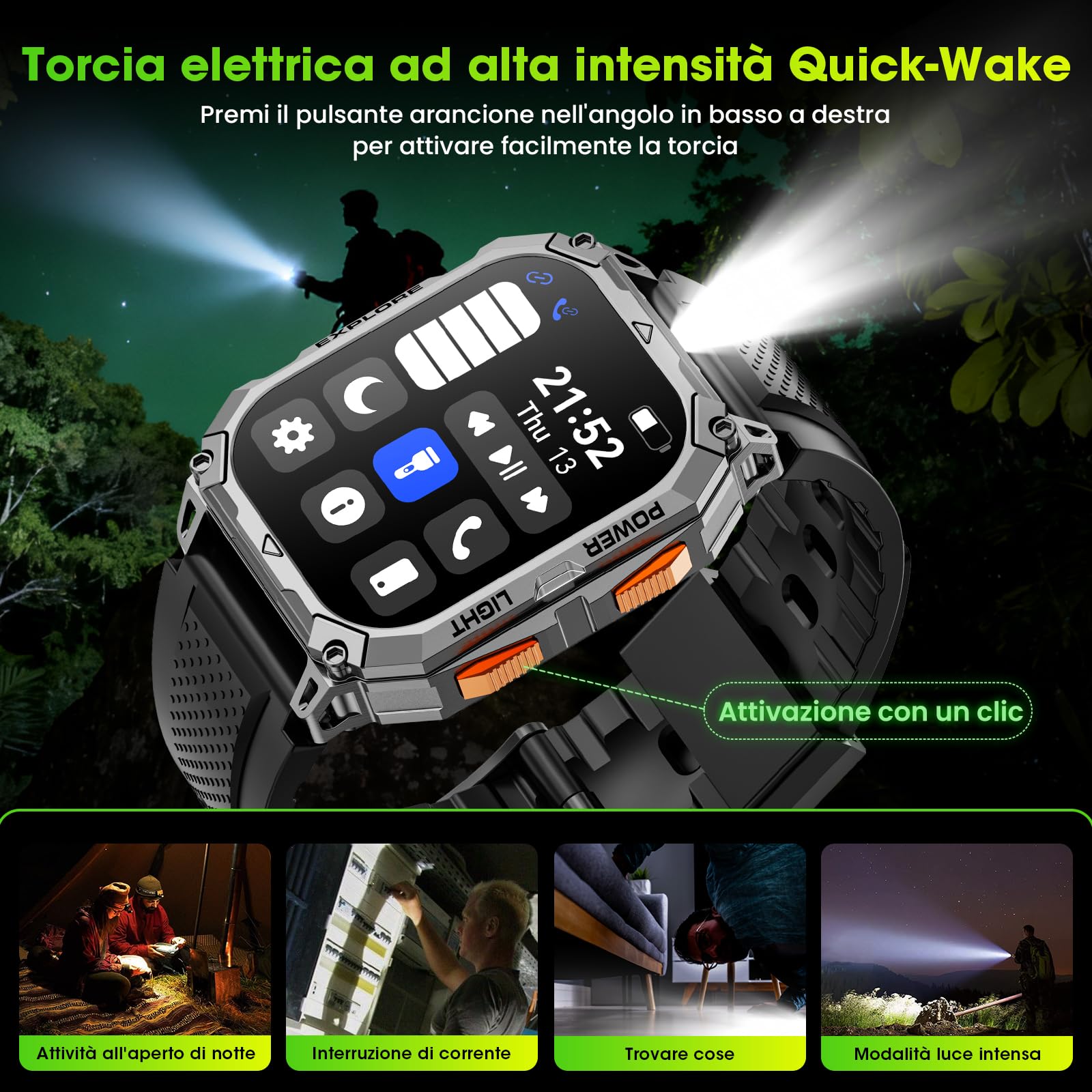 Smartwatch Uomo, 1000mAh(Durata 25 Giorni), 2.01" Orologio Smartwatch Militare con Torcia/Chiamate Bluetooth/Notifiche Messaggi/Frequenza Cardiaca/Sonno/100+ Sportive, Smart Watch per Android iOS