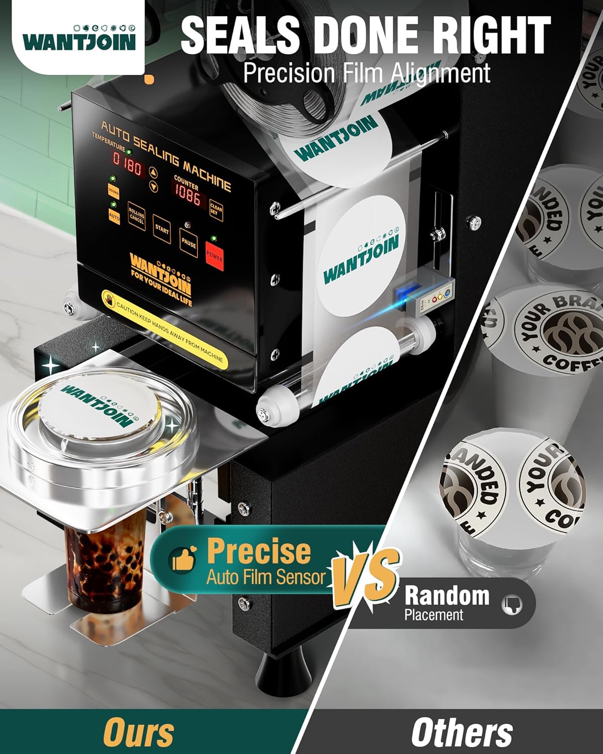 WantJoin Full Automatic Cup Sealing Machine - Electric Cup Sealer Machine 90/95mm, 500-600 Cups/H Digital Control LCD Panel Cup Sealer for Bubble Milk Tea Coffee Black, L15.3"*W9.9"*H20"