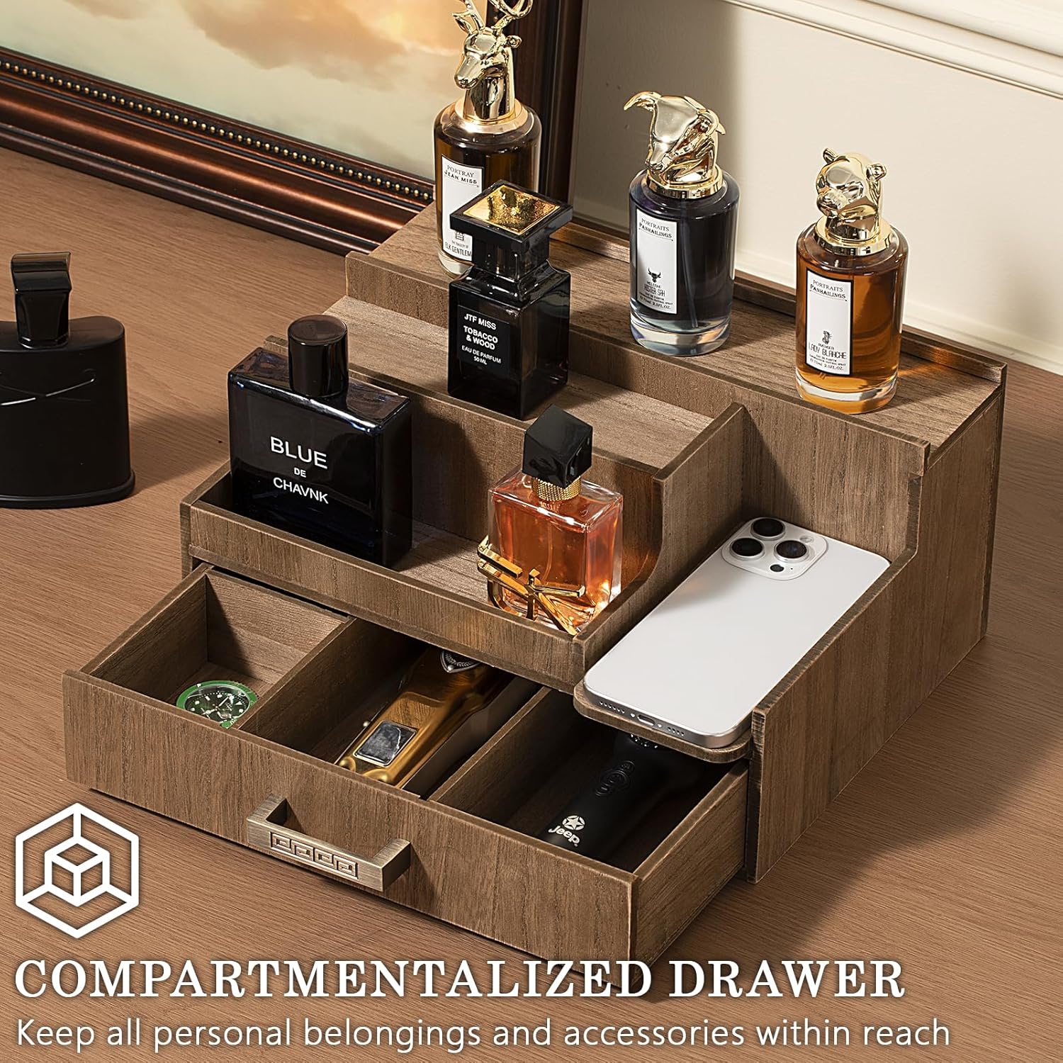Cologne Organizer for Men, 3 Tier Perfume Display Stand with Drawer and Hidden Compartments, Stylish Wooden Mens Cologne Holder for Dresser Storage, Great Gift for Men/Fathers, Brown