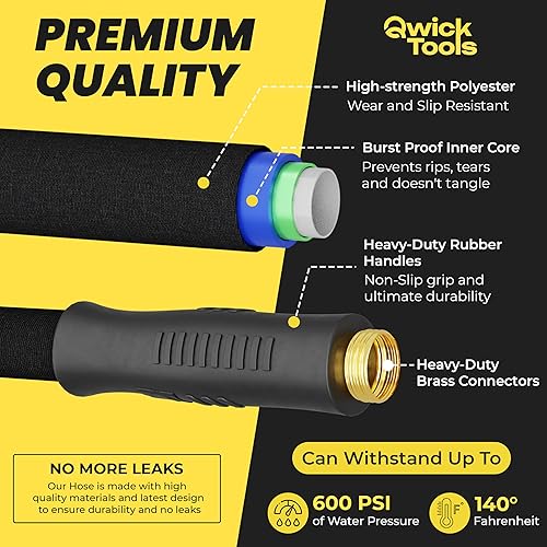 Miniatura 2 de Manguera de jardín plana de 50 pies  Manguera de goma a prueba de fugas con accesorios de latón y boquilla de 9 funciones  Manguera de agua ligera,