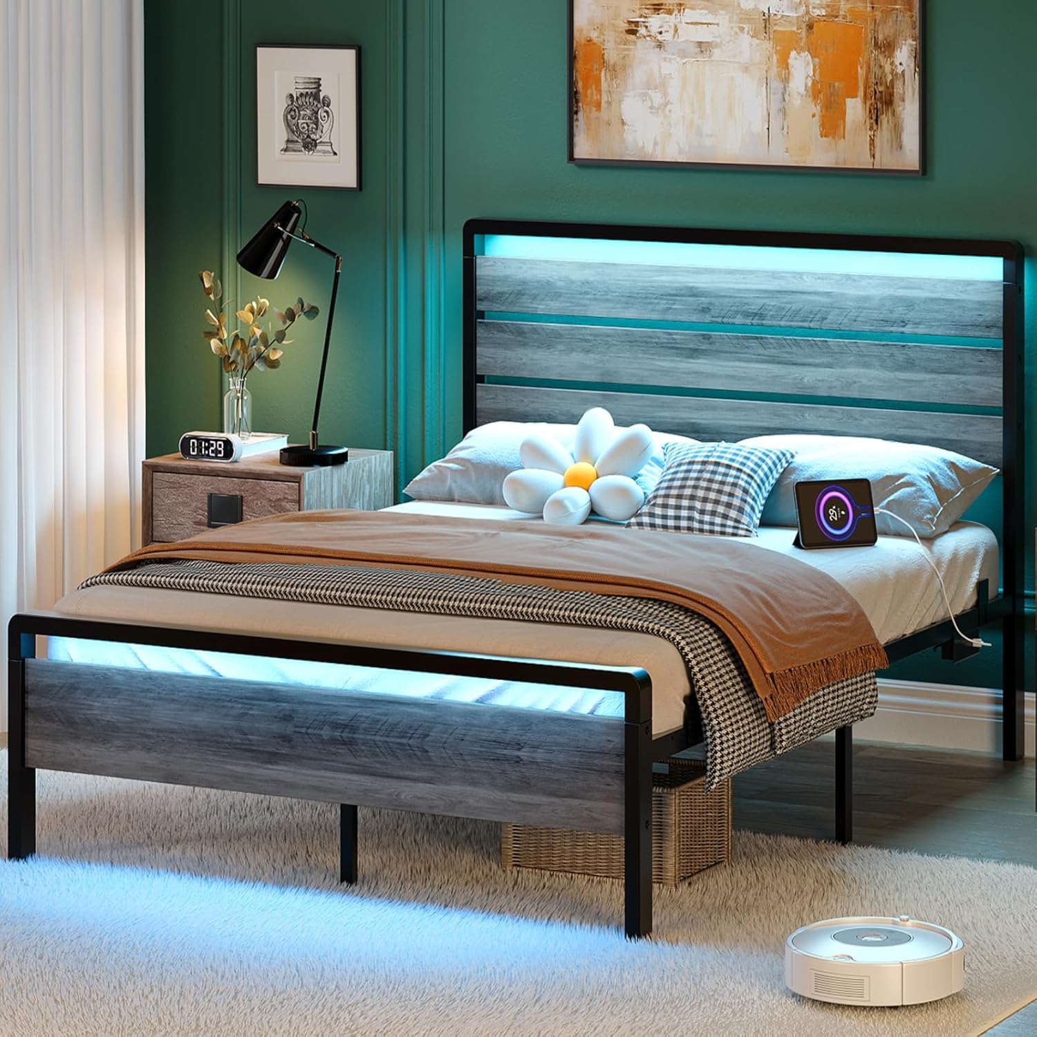 Bonnlo King Size Bed Frame with Wood Headboard, Heavy Duty Legs, 150x200 cm