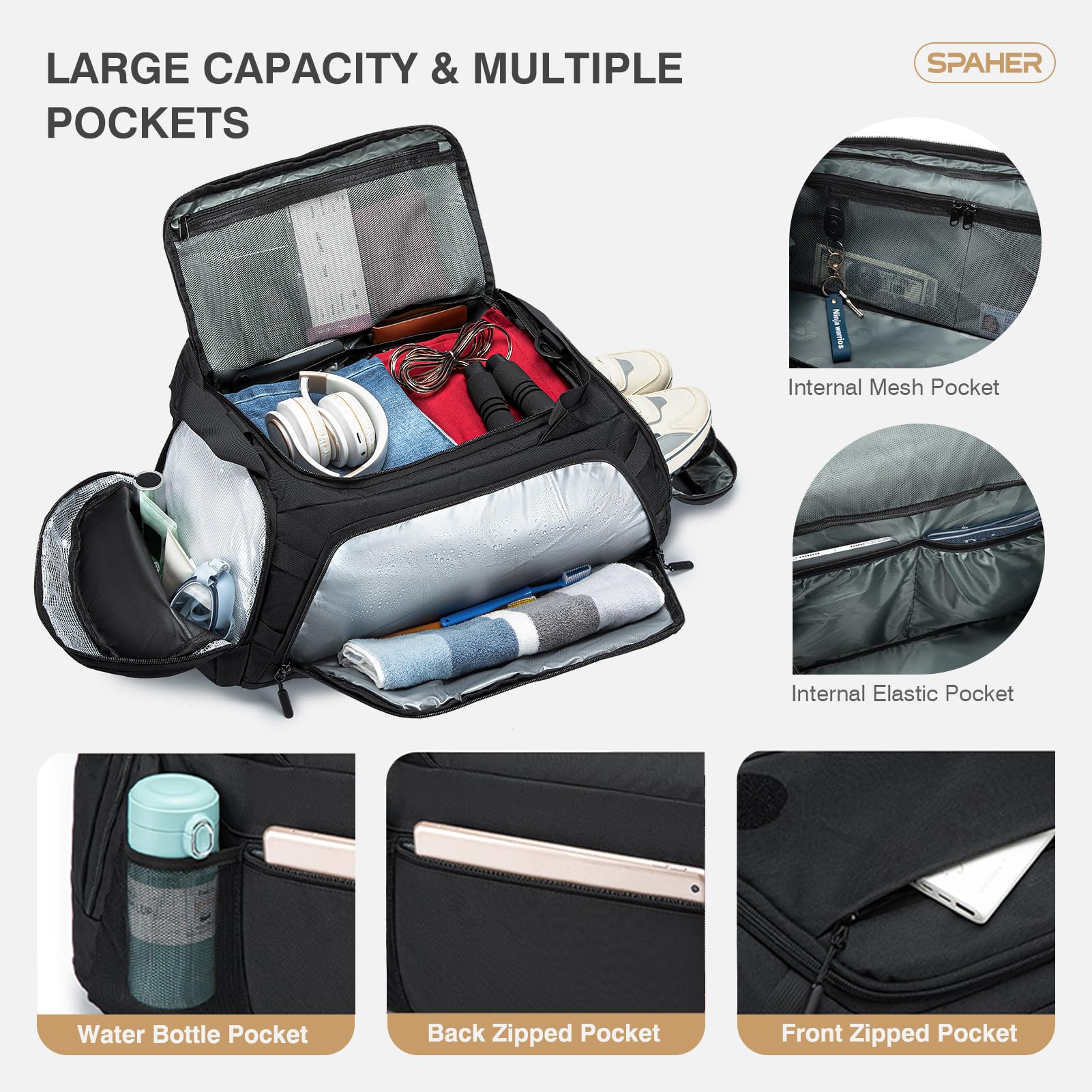 SPAHER 3 en 1 Sac de Sport Voyage avec Compartiments Chaussures et Humide