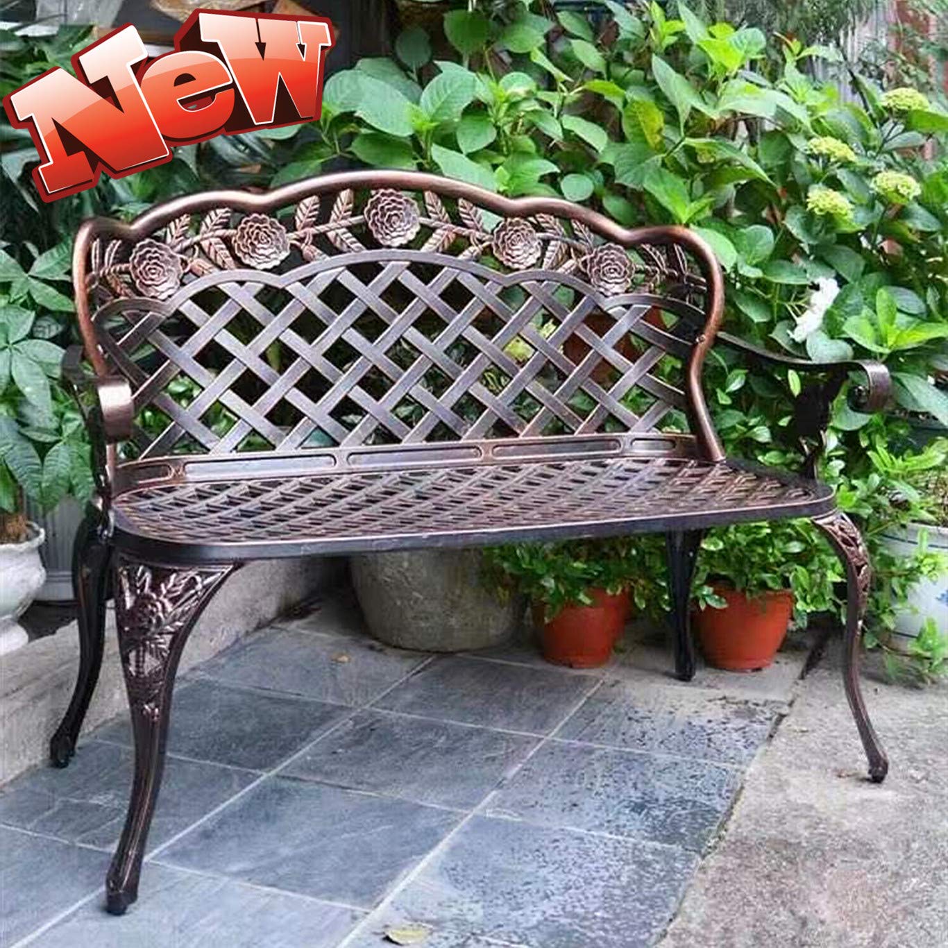 LEEXCCOS Updated Version & Stronger 42.5" Metal Garden Benches for Outdoors, More Weather Resistant Park Bench Metal Bench Leisure Rose Chair for 2 Person Seat, Patio Front Porch Furniture (Bronze)
