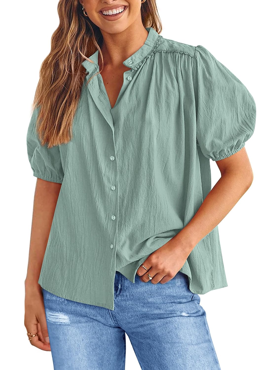 PRETTYGARDEN V-Neck Lantern-Sleeve Button-Down Top