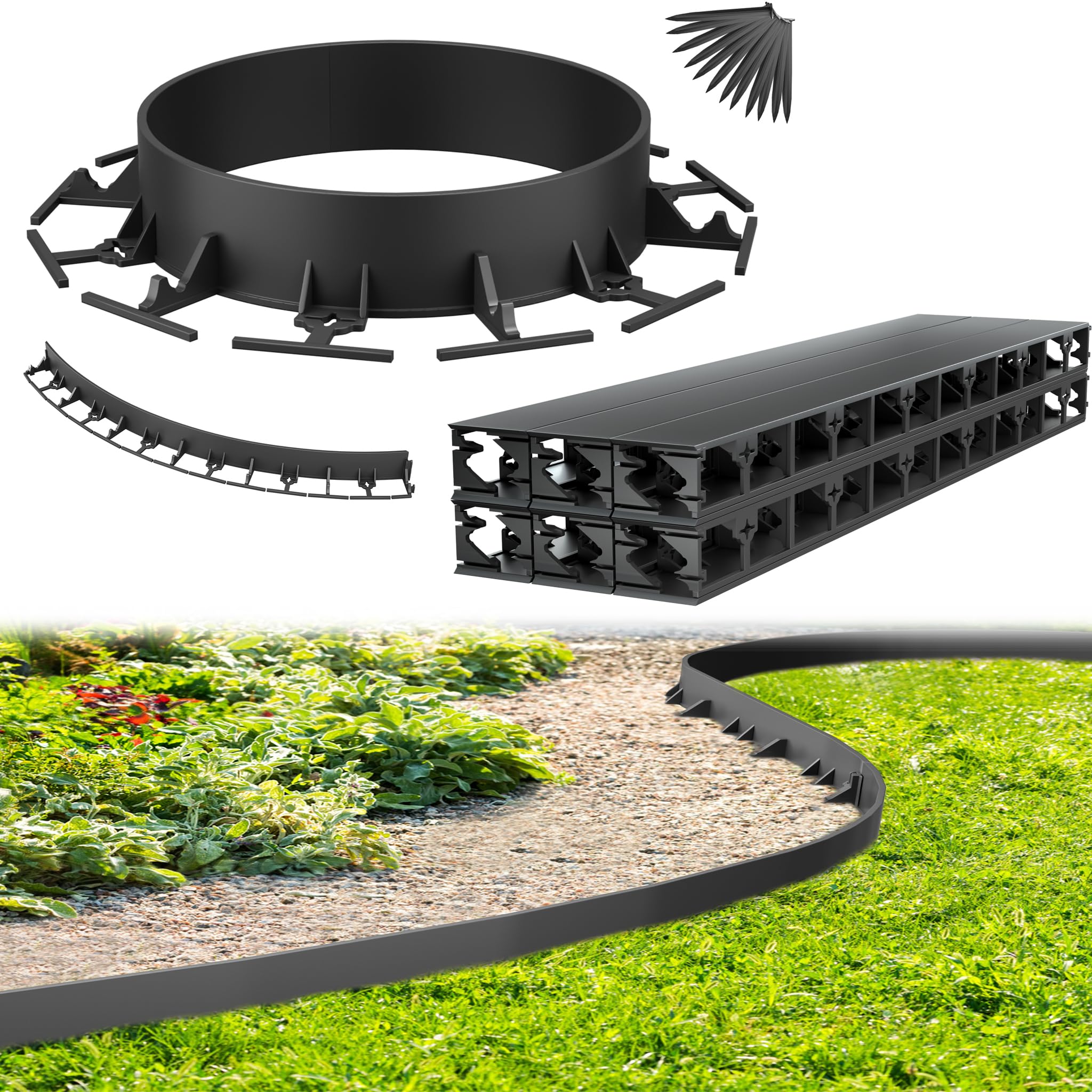 YZNAHRE Flexible Lawn Edging, 12 m Plastic Garden Bed Edging with 50 Ground Pegs, 58 mm Height, Easy to Use, Weather Resistant Lawn Edge for Garden, Pathway