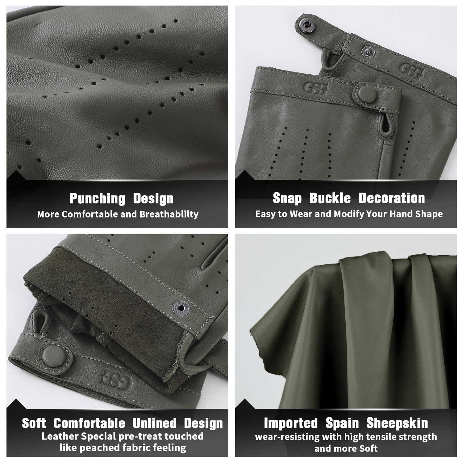 GSG SINCE 1998 Guanti Pelle Donna Senza Dita – Pelle di Pecora, Senza Fodera, Mezza Dita per Guida, Ciclismo e Attività Outdoor, Verde XL
