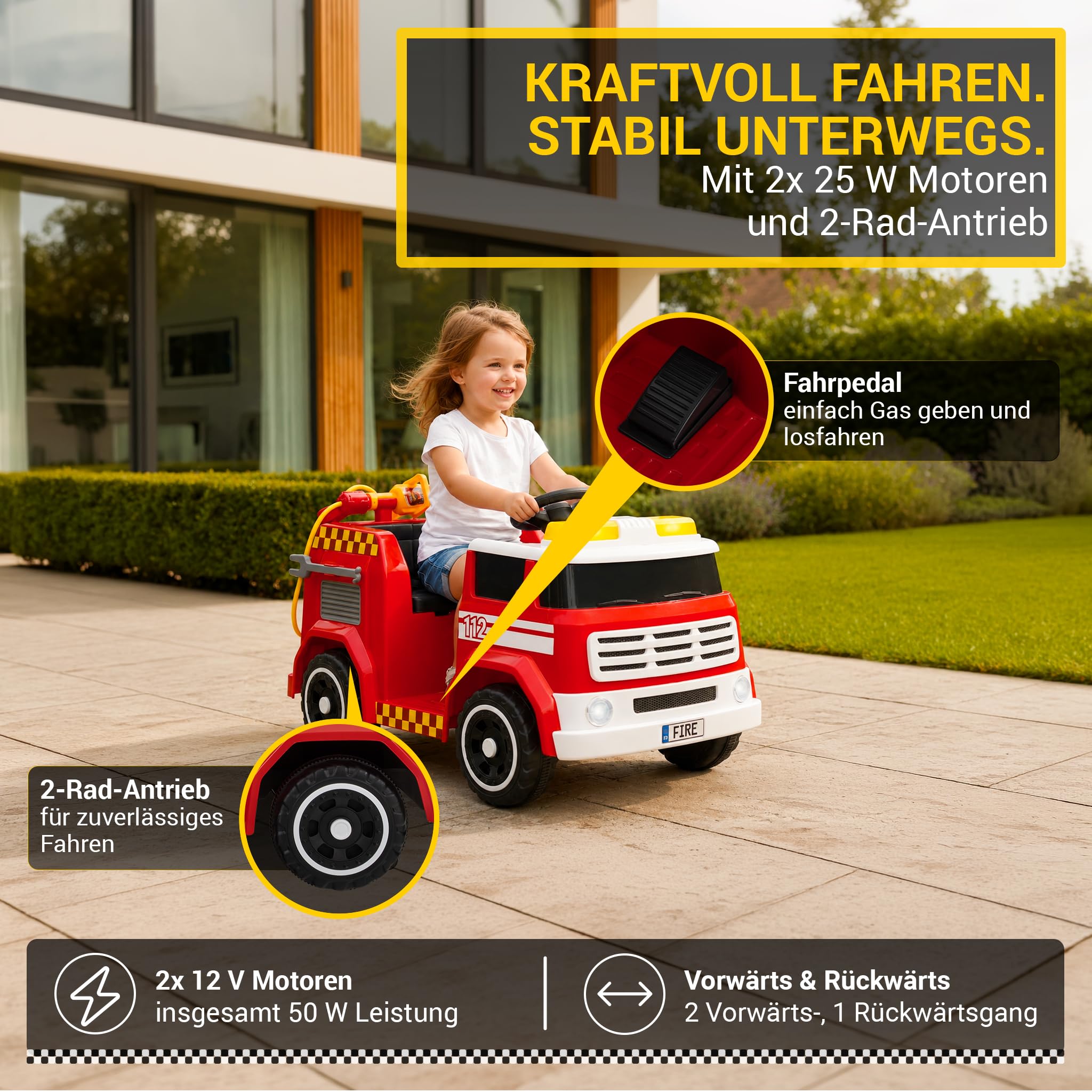Actionbikes Motors Kinder Elektroauto LF112 | 2,4 Ghz Fernbedienung | Feuerwehrauto | Spielzeugauto | Kinderauto elektrisch | Elektrofahrzeuge | Feuerwehr | Elektro Auto für Kinder ab 3 Jahre