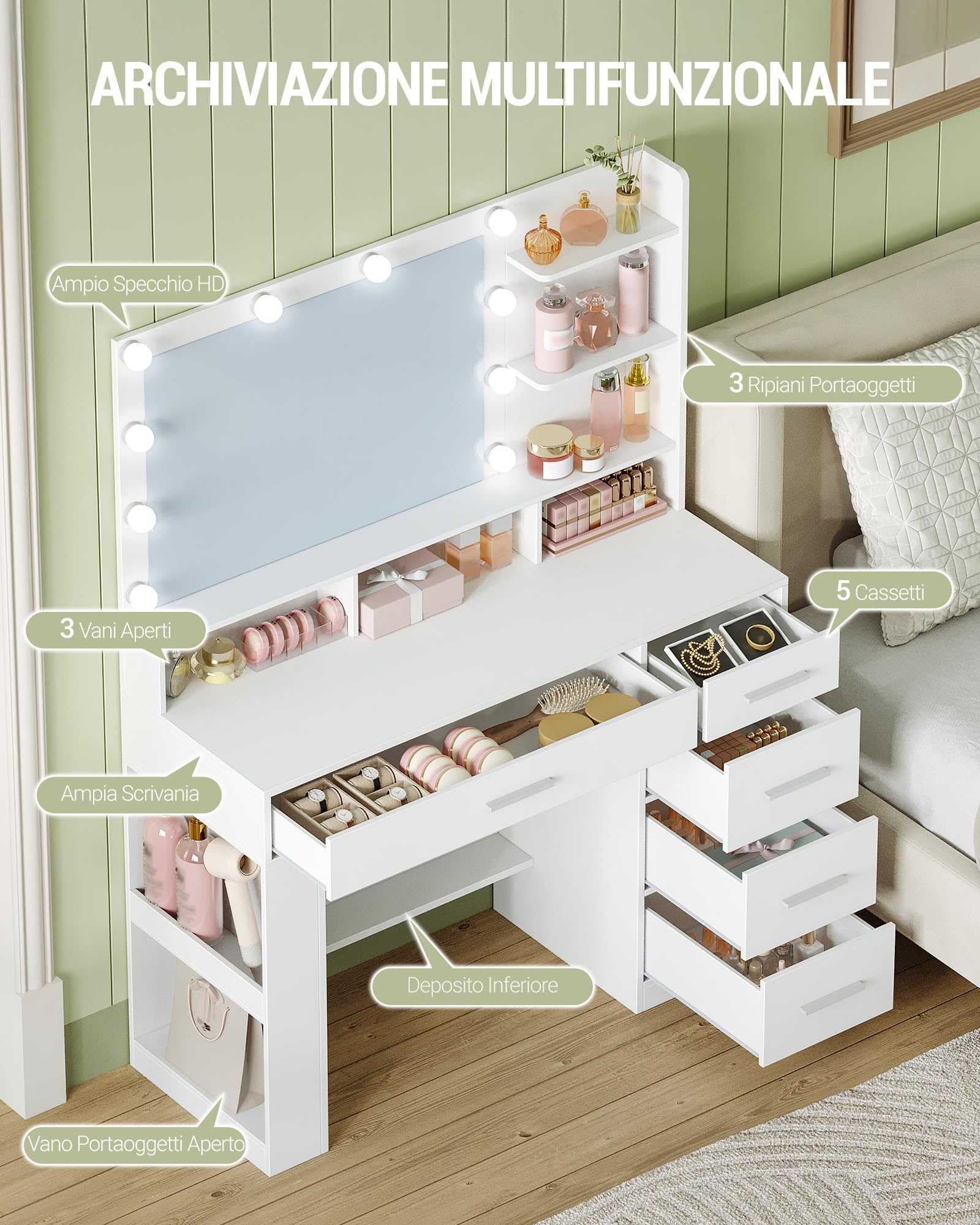 Hzuaneri 108 cm Toeletta da Trucco Grande con Illuminazione a LED, Tavolo da Trucco con Specchio, 6 scomparti aperti, 5 Cassetti e vano portaoggetti laterale aperto, Postazione Truccos, Bianco