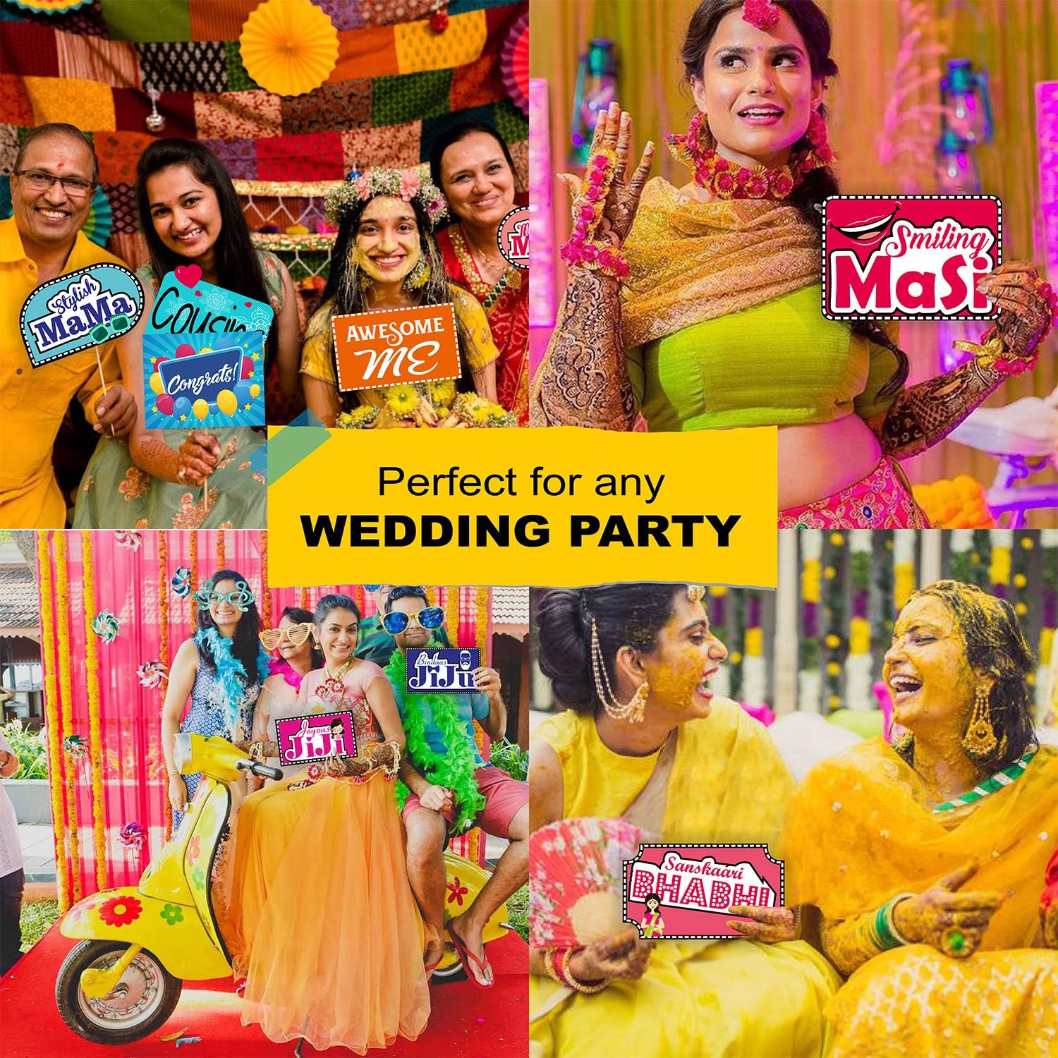 All Occasion Indian Family Photo Booth Party Props Craft Item for Wedding, Baby Shower, Birthday Multi Color (Set of 41, Large)