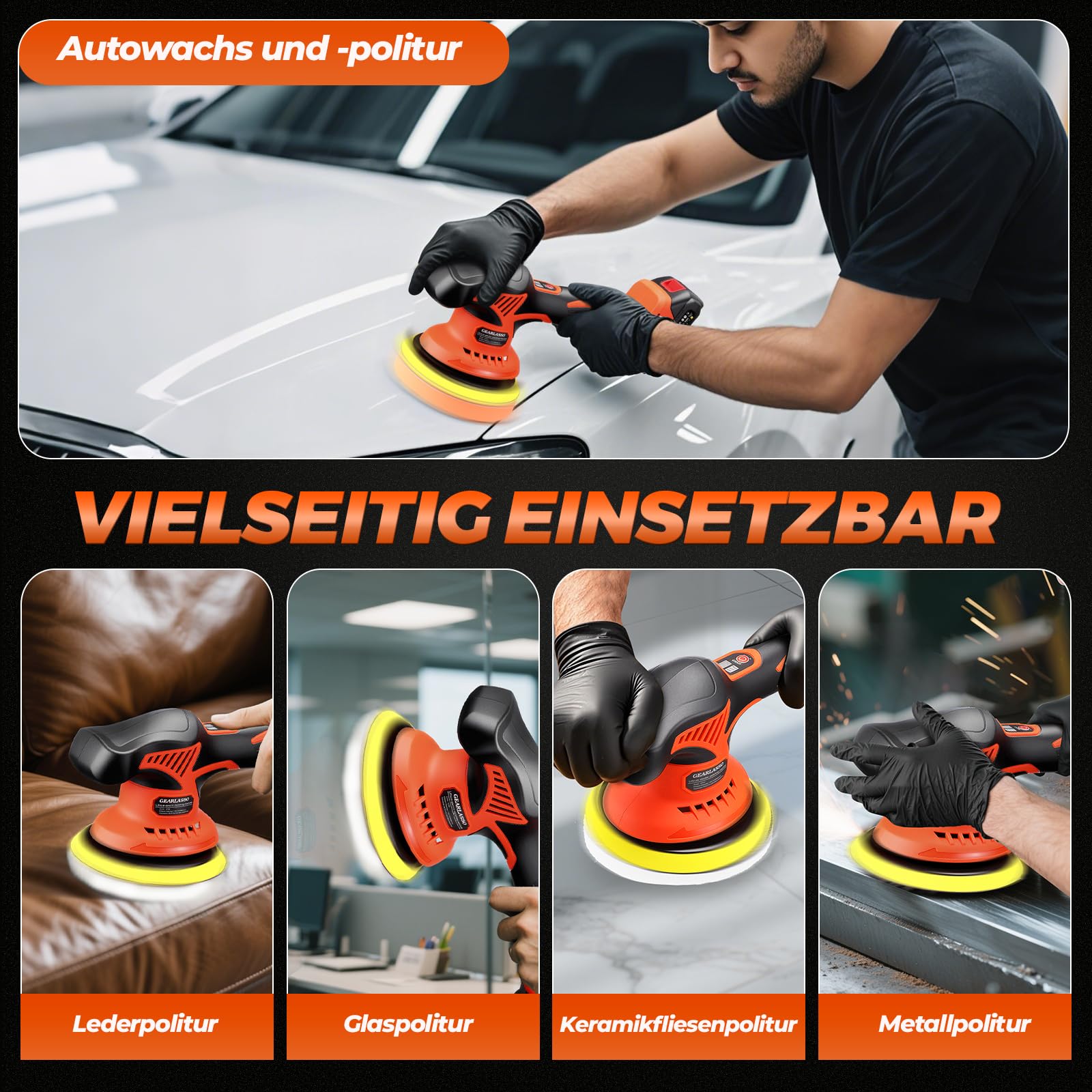 Poliermaschine Auto Akku, 8 variablen Geschwindigkeiten, 2800–6000 U/min, kabellose Auto-Poliermaschine mit 2x 21V 2.0Ah Akkus und 17-teiligem Polierset für die Auto-Detailpflege und Kratzerentfernung