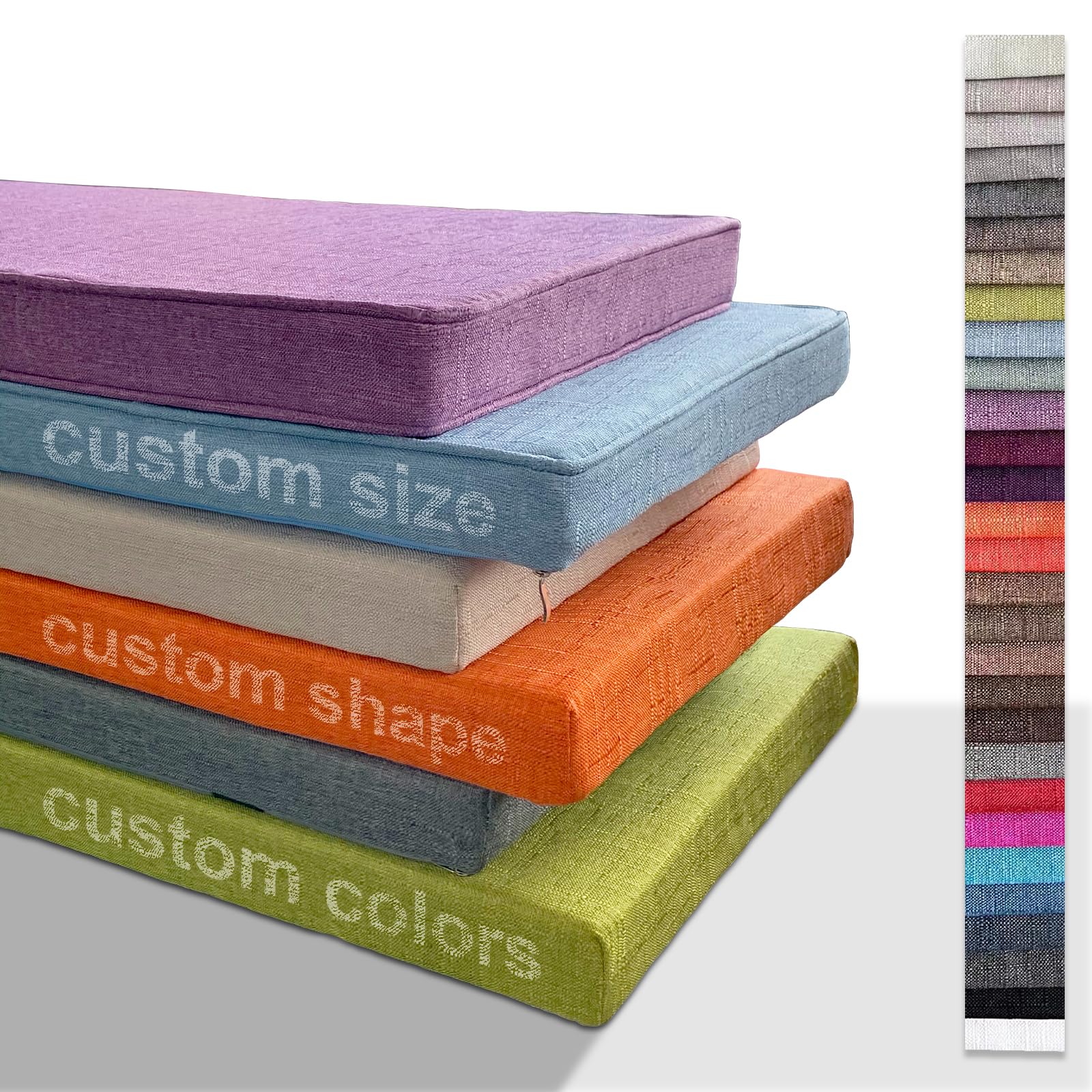 Custom Size Bench Cushion - High-Density Foam Indoor/Outdoor Seat Cushion, Removable Washable Cover, Choose Thickness & Color