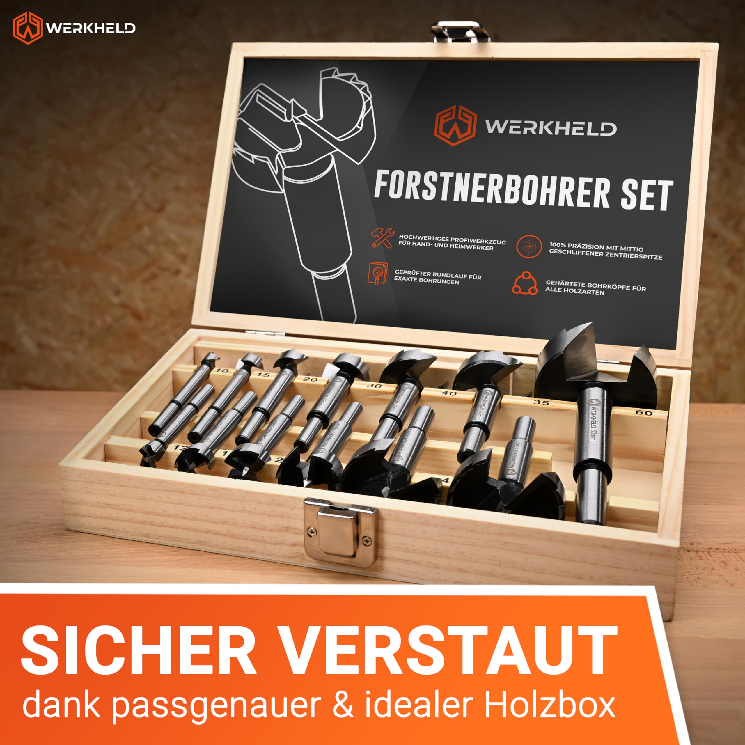 Forstnerbohrer Set [präzise & extra gehärtet] - 13 unterschiedliche Lochbohrer von 10 bis 60 mm für alle Holz-Arten [inkl. Box zur Aufbewahrung]