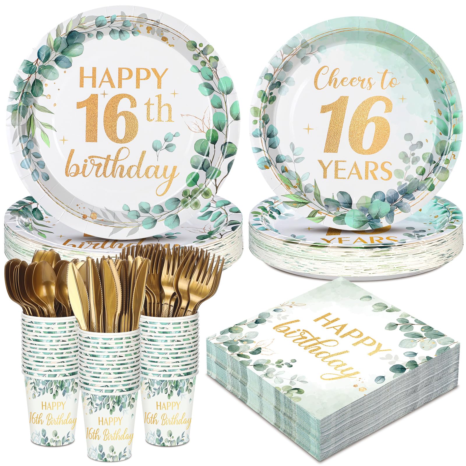 Yungyan 252 Pcs Greenery 16th Birthday Decorations for Sweet Boy Girl Official Teenager 16th Eucalyptus Tableware Supplies Sage Green Birthday