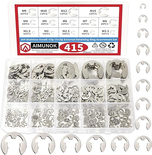 Juego surtido de 415 anillos de retención externos con clip electrónico, juego de clips en C de acero inoxidable 304, 14 tamaños SAE anillos de