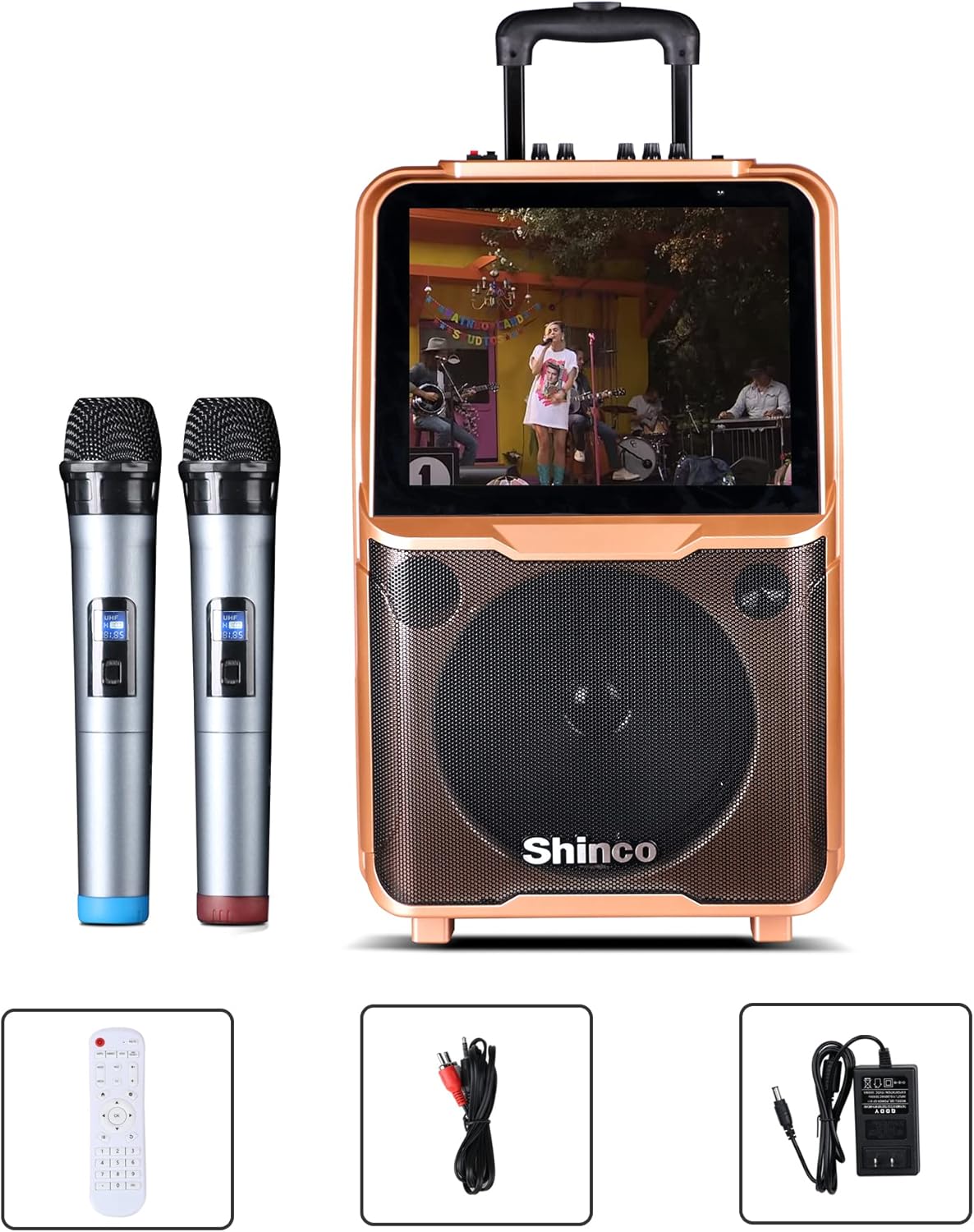 Shinco Karaoke Machine and included accessories: two wireless microphones, remote control, RCA cable, and power adapter.