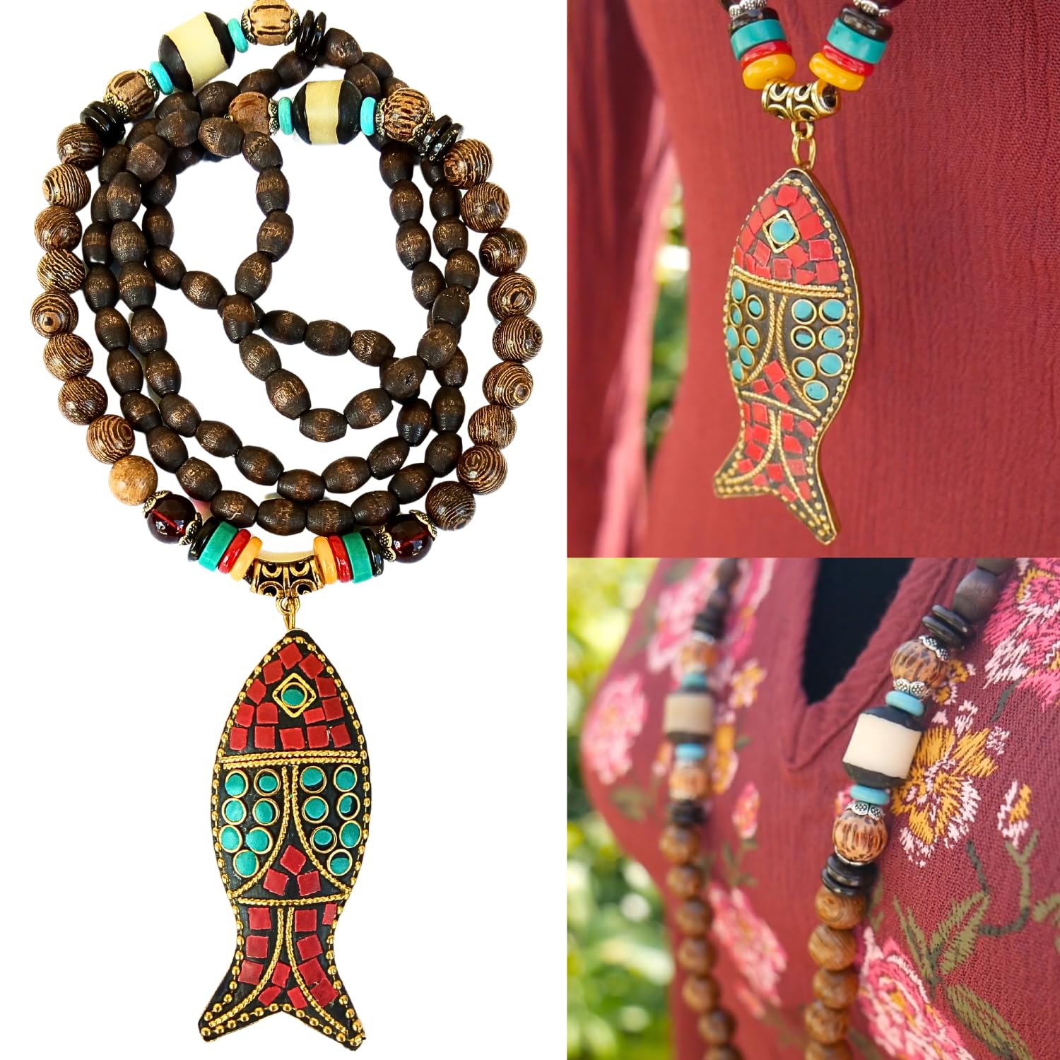 Collares de cuentas bohemias para mujer, colgante largo, cuentas de madera de piedra, hecho a mano, collar de madera para mujer, joyería bohemia, Madera, Cuentas