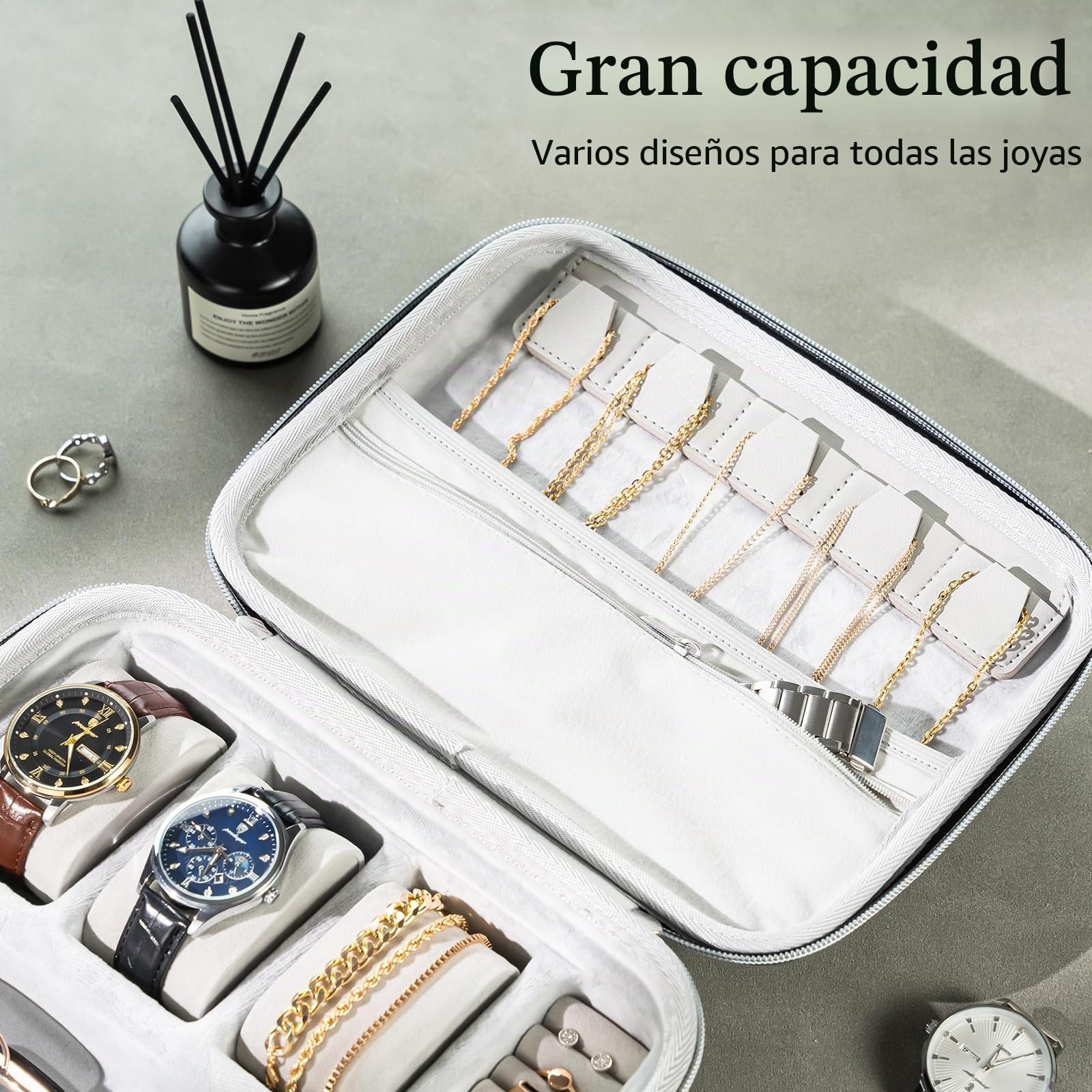 ProCase Estuche de Viaje para Joyas de Hombre, funda con 3 ranuras para relojes, organizador con cremallera para relojes, gafas, collares, anillos y pulseras, estuche portátil - Gris