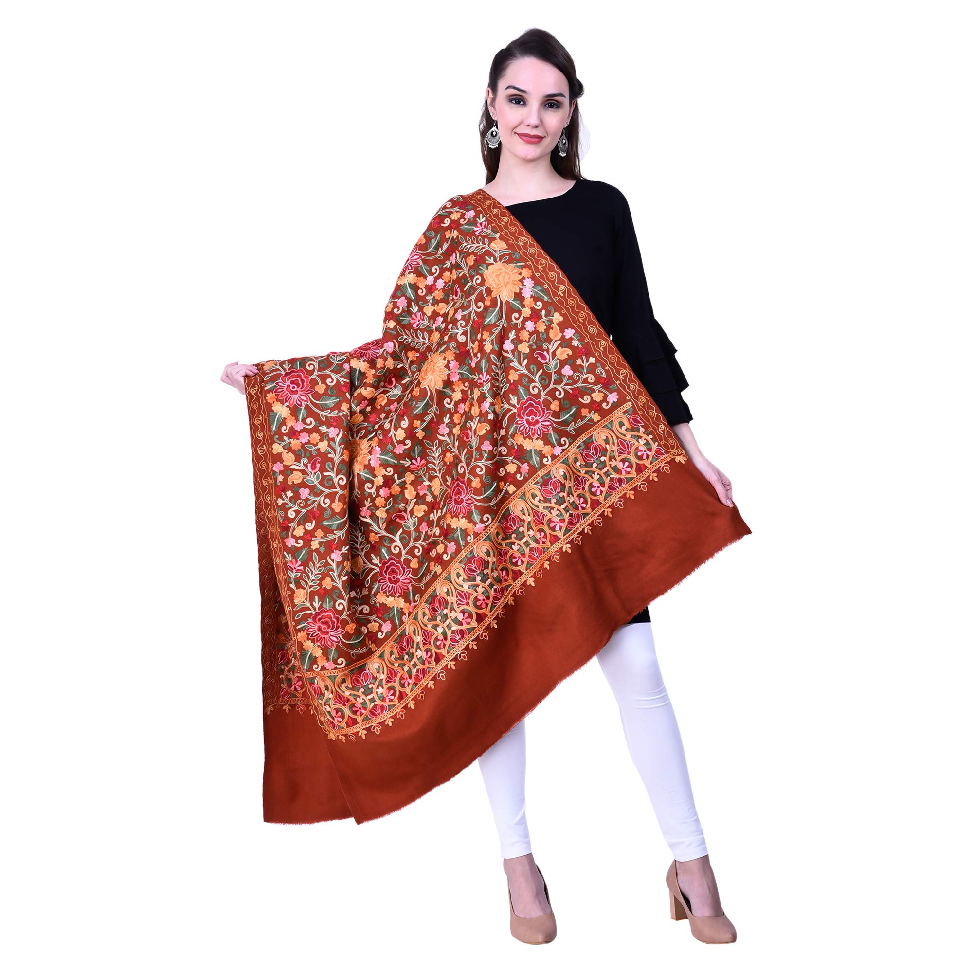SWI WITH LABELWomen's Kashmiri Wool Blended Shawl Embroidered by Kashmiri Artisans, (Large Size - 40 x 80 Inches)