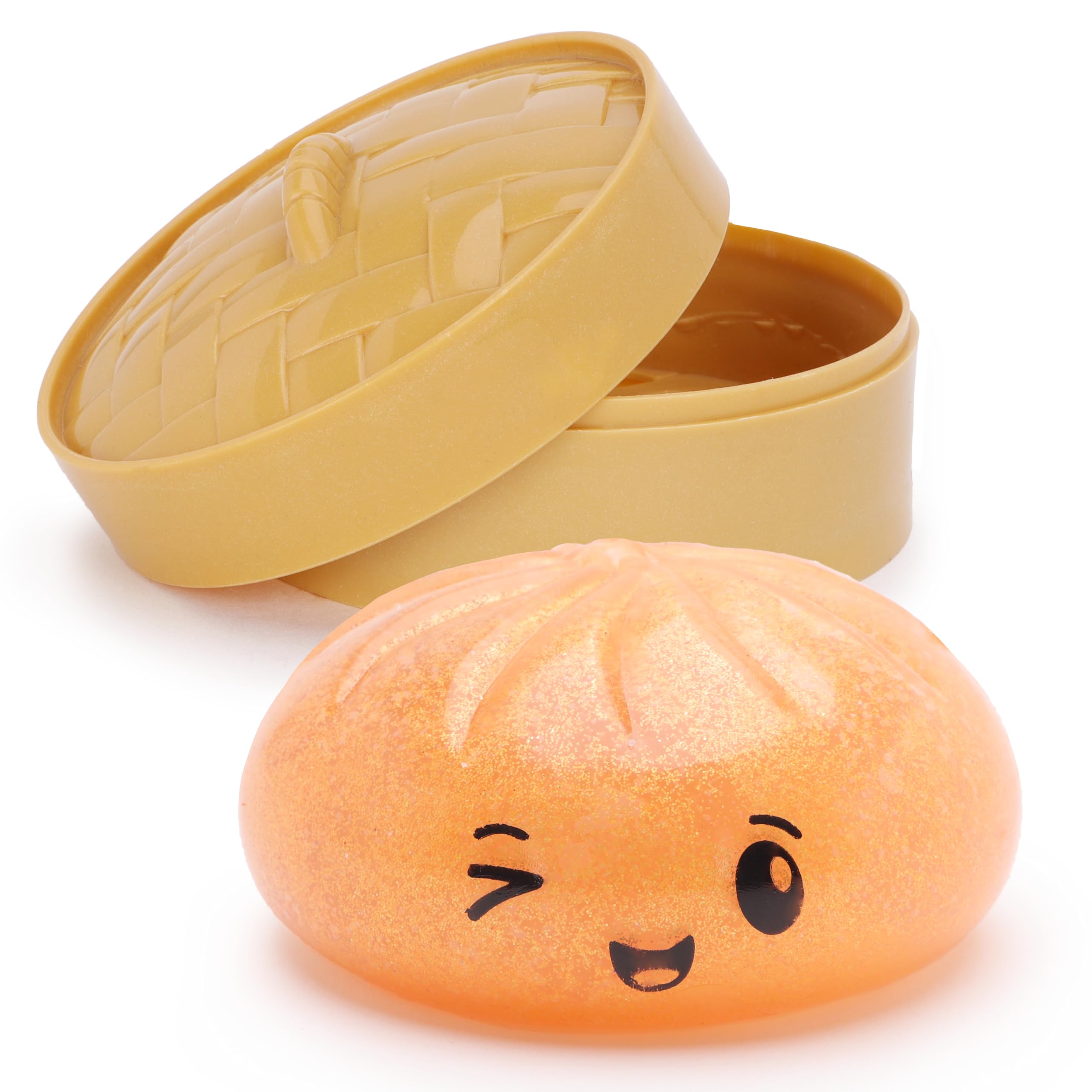 Toyland® Shiny Orange Squishy Bao Dumpling Sensory Fidget Toy with Plastic Steamer Box - Squeeze Toys for Kids - Ages 3+ — image 1