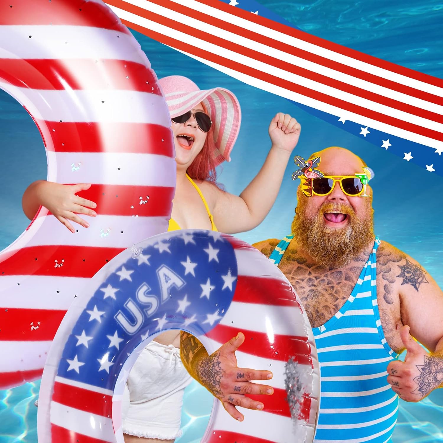 Junkin 40 Inch American Flag Giant Inflatable Pool Floats USA Flag Design Swimming Pool Tube 4th of July Swimming Ring Patriotic Water Float Tube Filled with Stars Confetti for Beach