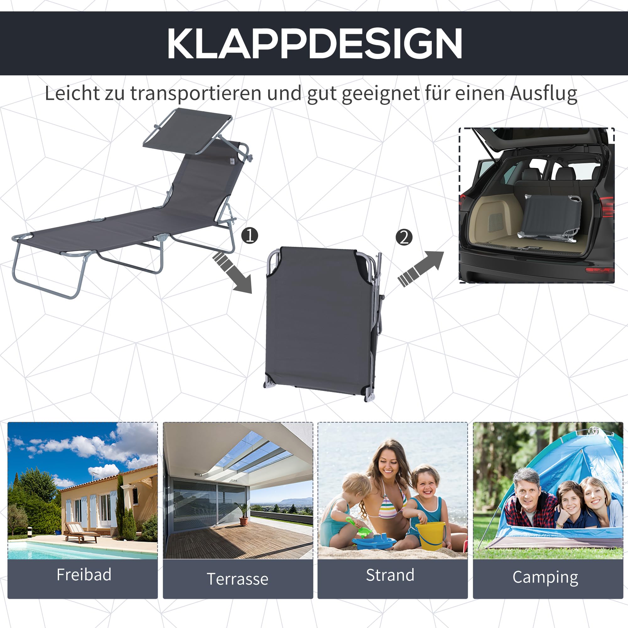 Outsunny Sonnenliege klappbar Gartenliege mit Dach, Liegestuhl mit 4-Fach verstellbare Rückenlehne, wetterfeste Campingliege bis 120 kg belastbar, für Garten Strand Pool, Grau