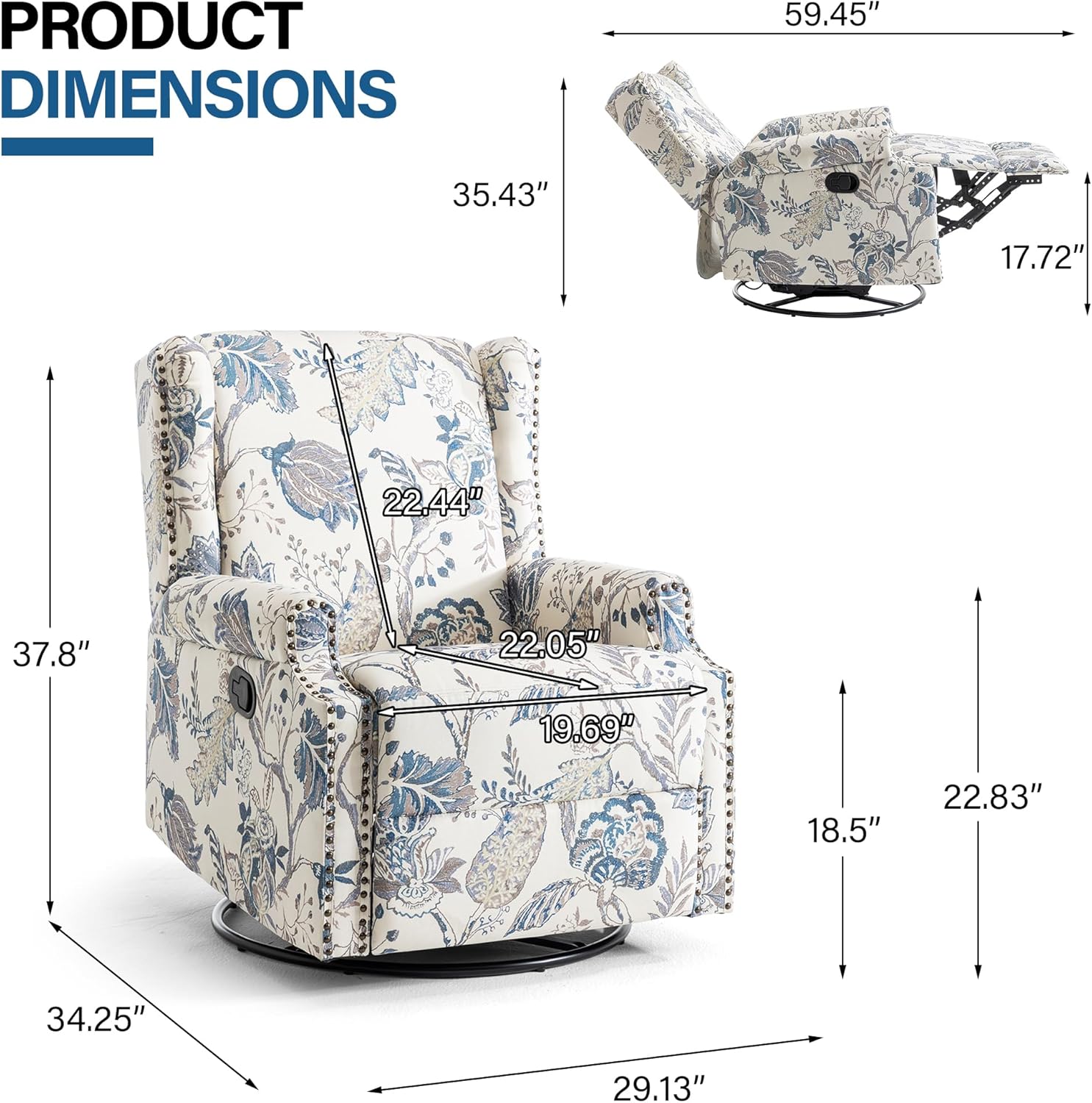 Lumibee Swivel Rocker Recliner Chairs, Printed Fabric Swivel Glider Rocking Chair with High Back, Upholstered Deep Seat Wingback Recliner Chair for Living Room Bedroom, Plants Blue