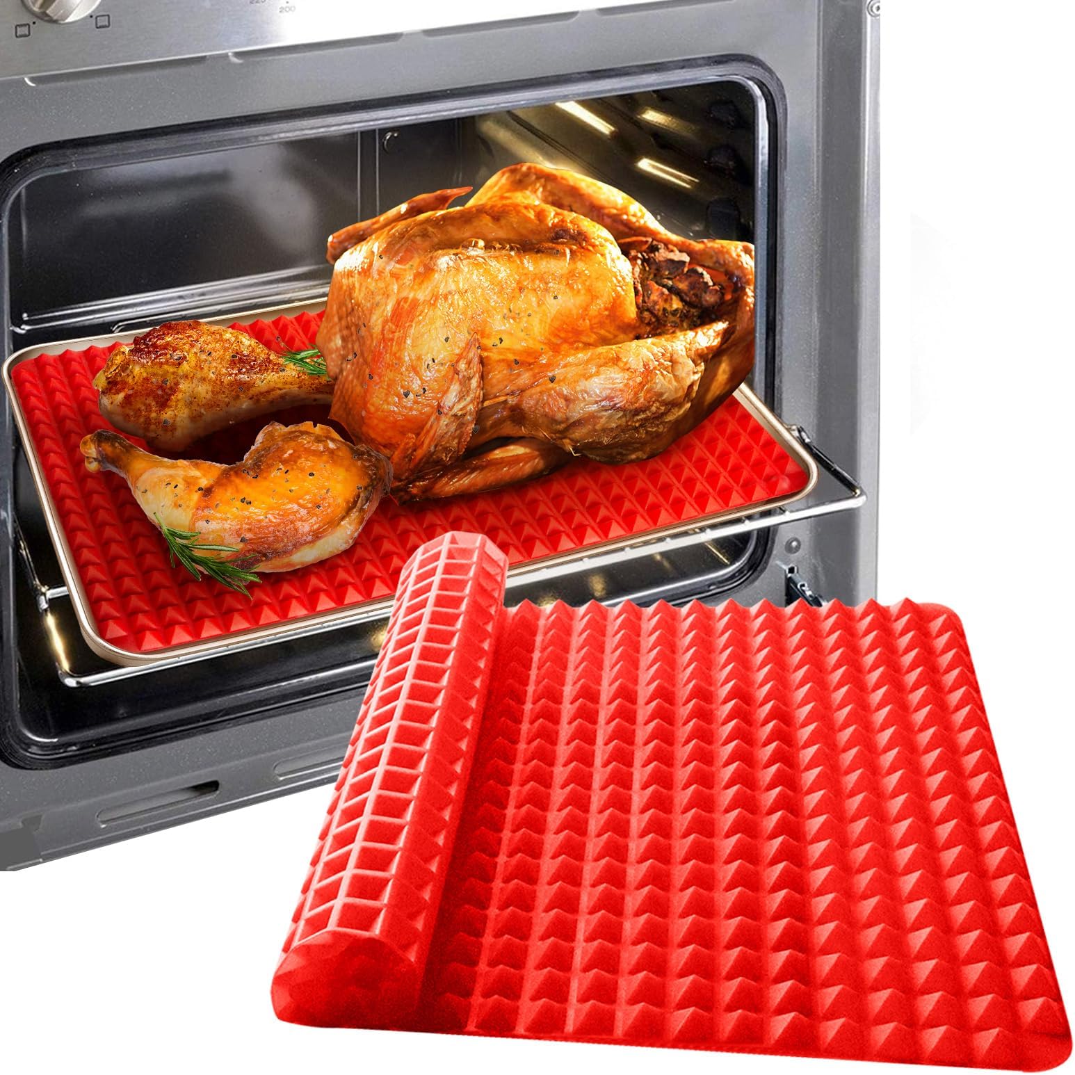Silicone Pyramid Baking Cooking Mat Diamond Chef Tray Oven Non-Stick Value Pack Red, Reducing Healthy Heat-Resistant for Grilling BBQ 15.1 X 10.6Inch (1 Pack Red Mat)