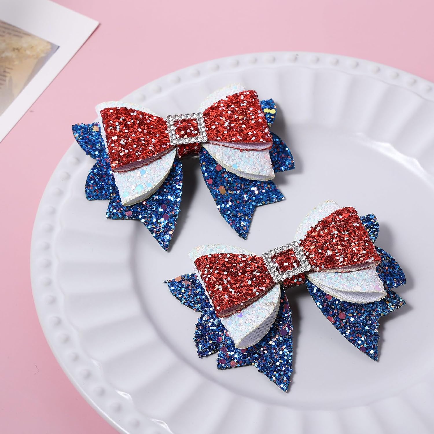 4th of July Patriotic Hair Bows Alligator Clip For Girls Glitter Sparkly Red White Blue Sequin Cheer Barrettes Hairpins Kids Independence Day Xmas Party outfit Dress Decor Accessory Gift 3.5" - Image 2