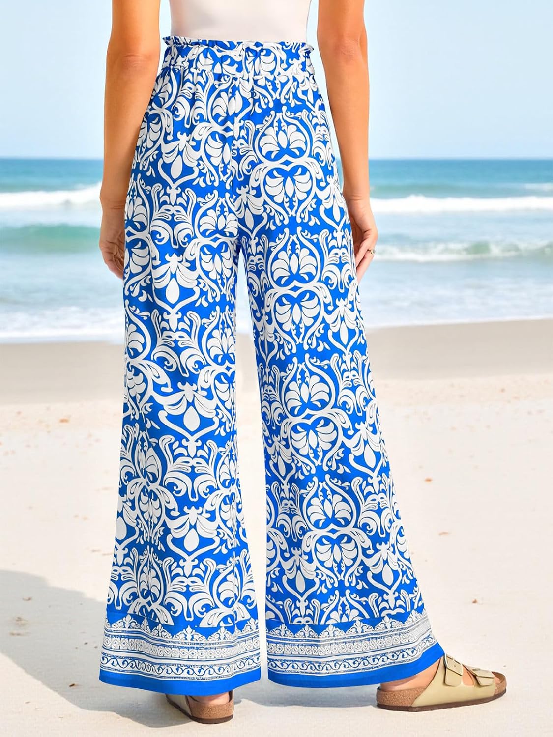 Yousify Women's Wide Leg Boho Pants High Waisted Printed Palazzo Pants Casual Flowy Tie Knot Vacation Trousers with Pockets