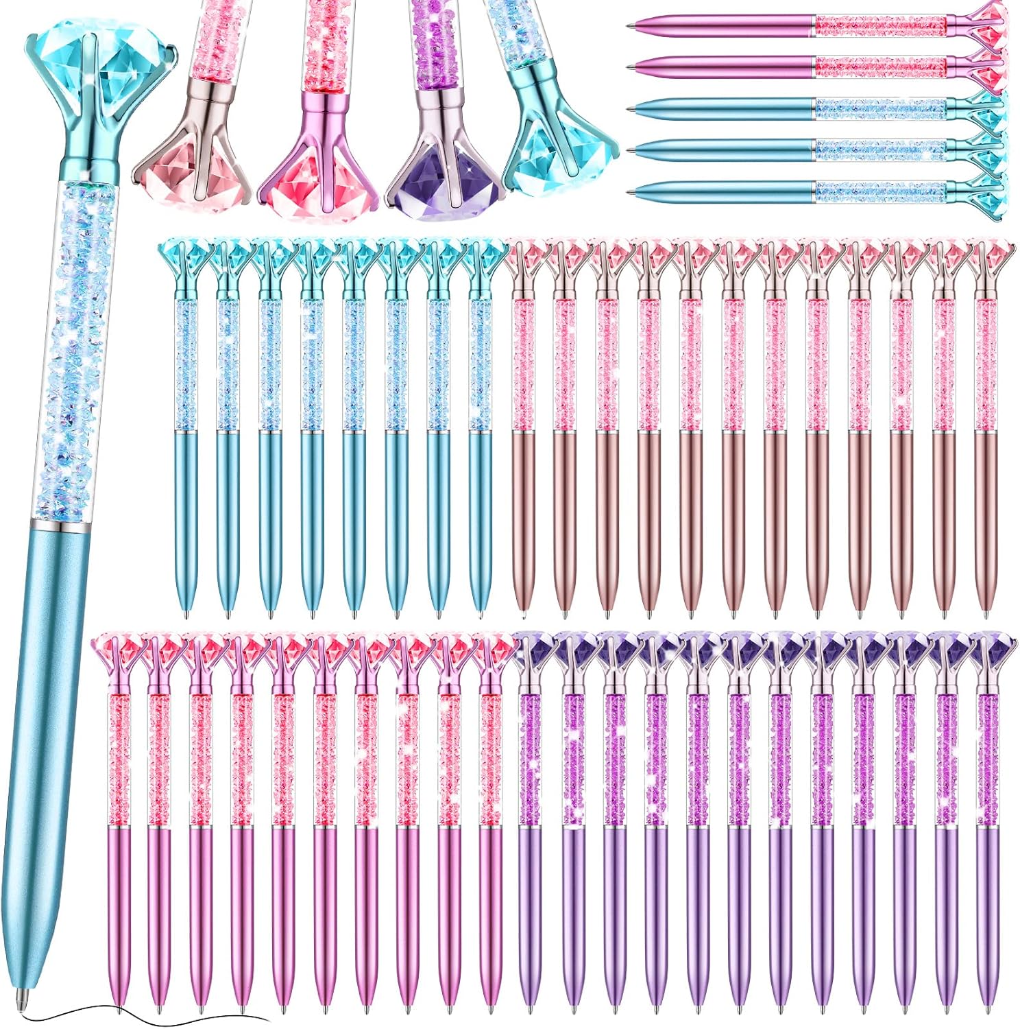 Leinuosen 48 Pcs Big Crystal Diamond Pens Bulk Bling Black Ink Rhinestones Ballpoint Pen Bridal Shower Decor for College Office Supplies Wedding Birthday Gifts(Diamond Style)
