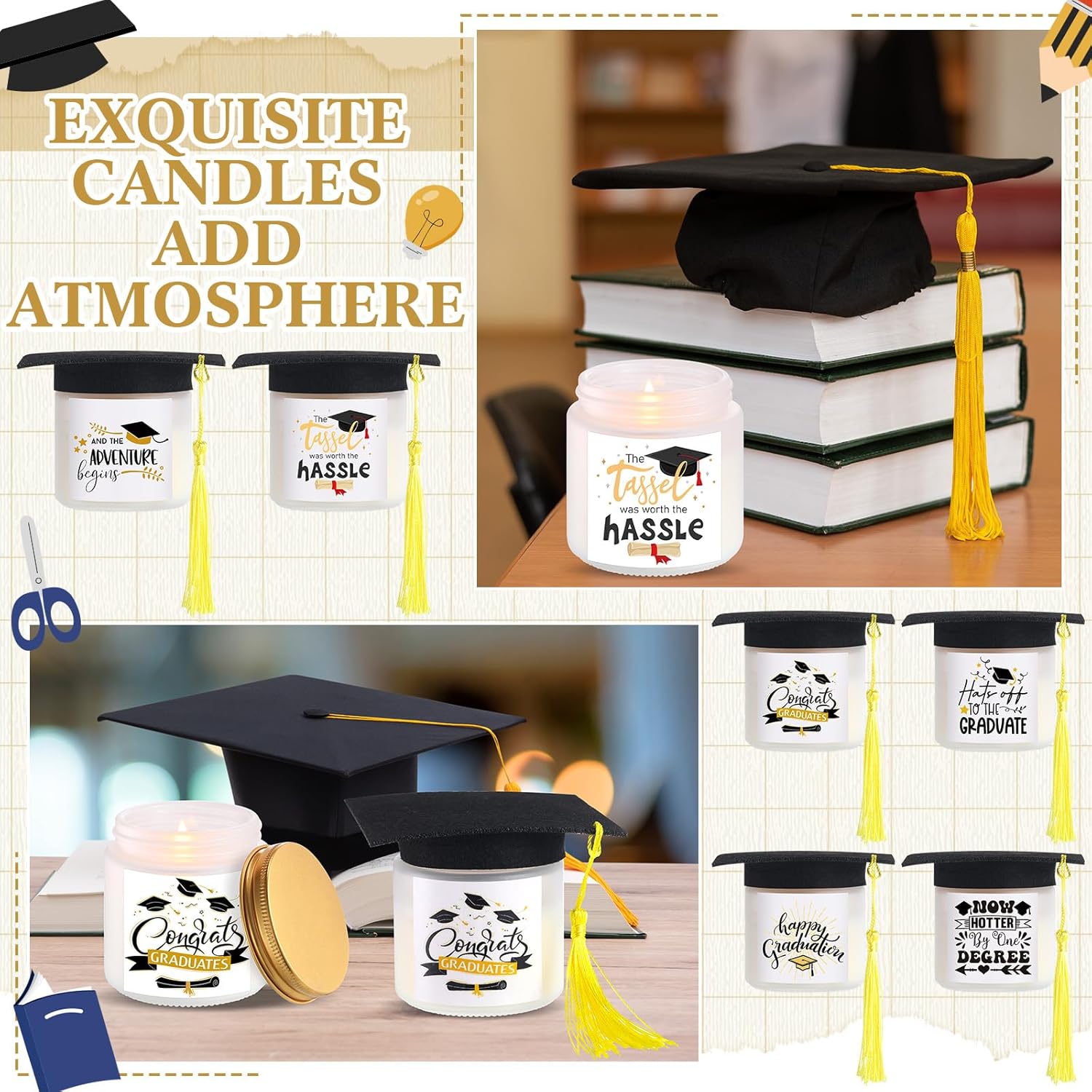 24Pcs Graduation Scented Candles Gifts Set for Her Him Include 12 Pcs 7oz Jar Soy Wax Candles and 12 Pcs Mini Graduation Cap for Masters Degree College High School Graduate Gifts