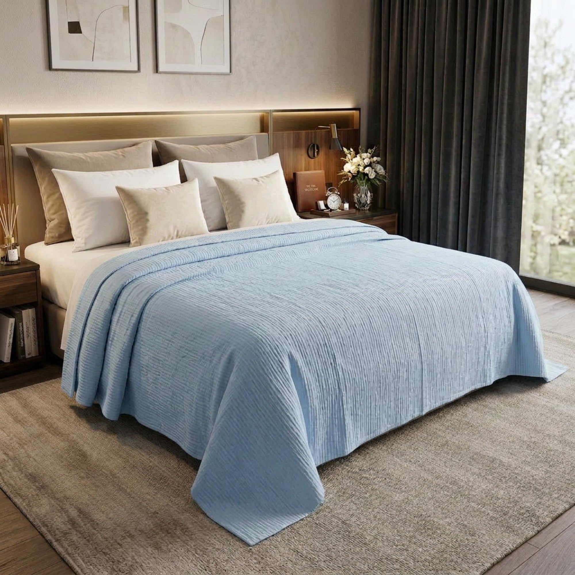 100% Cotton Muslin AC Blanket | 4 Layer Textured Breathable Summer Throw | Lightweight Blanket for AC Rooms | All Season Comfort Dohar | 150x220 cm | Sky Blue-image-48