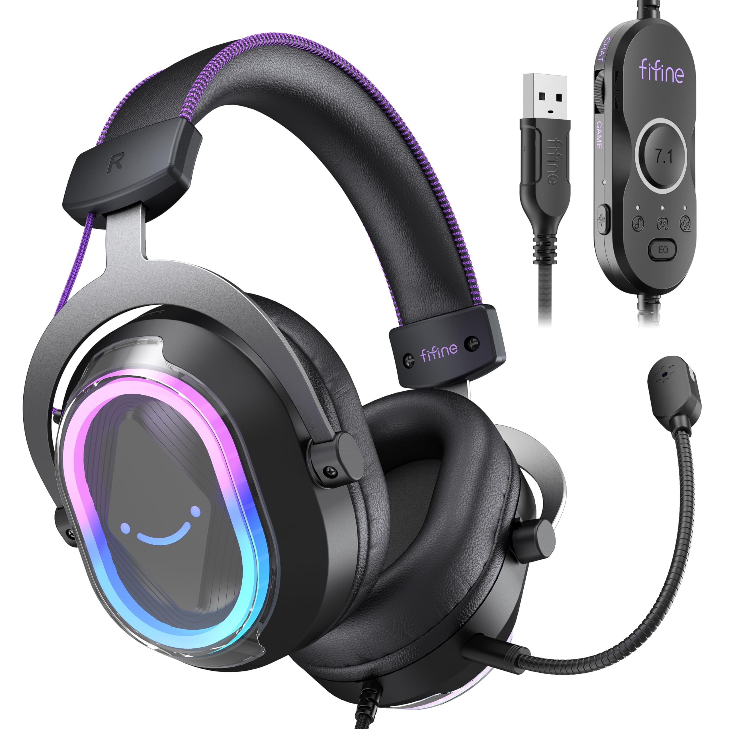 Przód view z FIFINE AmpliGame H13BP Gaming Headset, showcasing its black and purple design with illuminated RGB earcups.